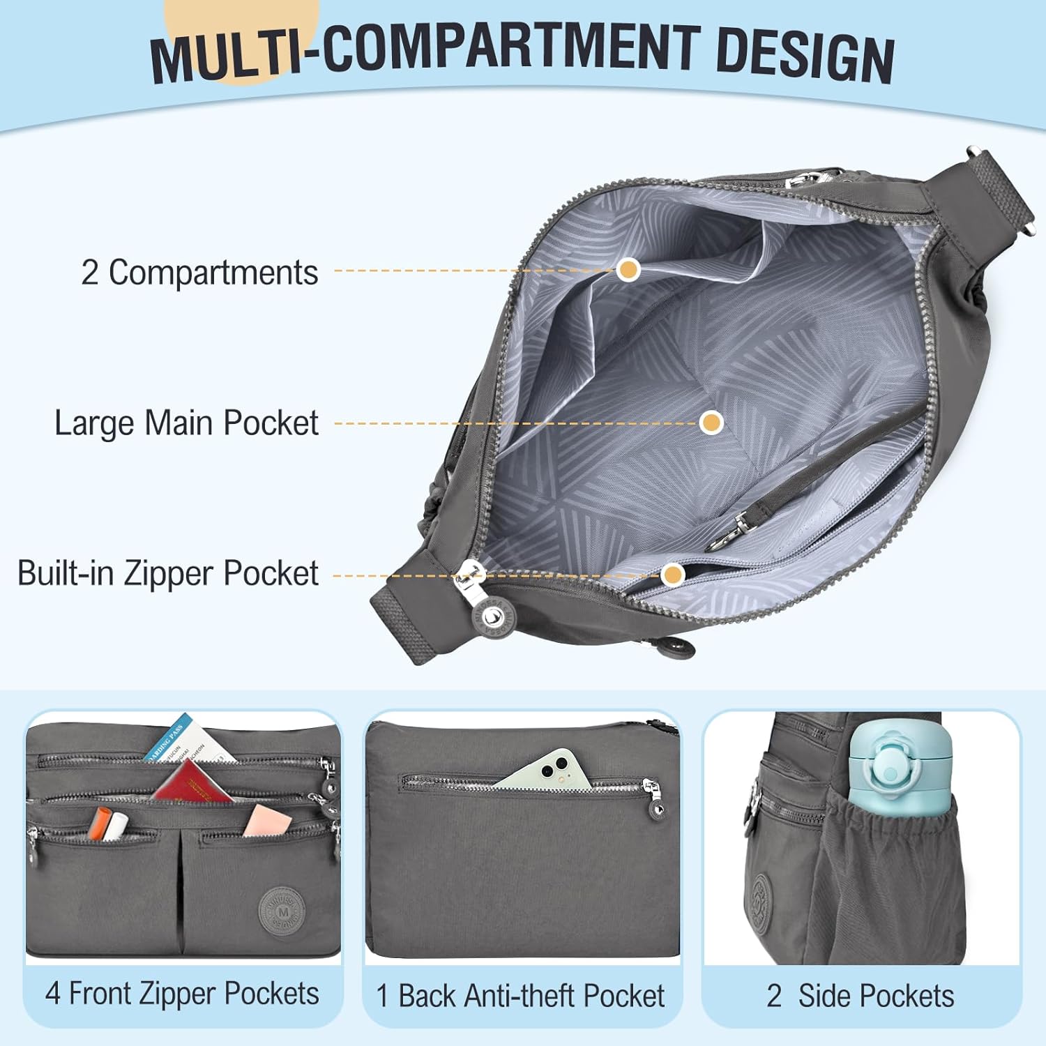 Nylon Crossbody Bags for Women Waterproof Lightweight Large Travel Purses Multi-Pocket Pocketbooks Shoulder Bag - Image 4