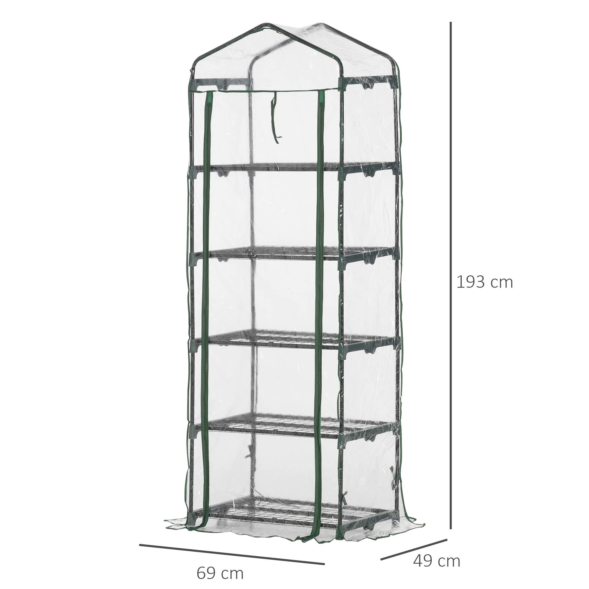 Outsunny Invernadero de Exterior 69x49x193 cm Invernadero Pequeño con 5 Estantes Puerta Enrollable con Cremallera Cubierta de PVC y Marco de Acero para Cultivar Plantas Flores Transparente