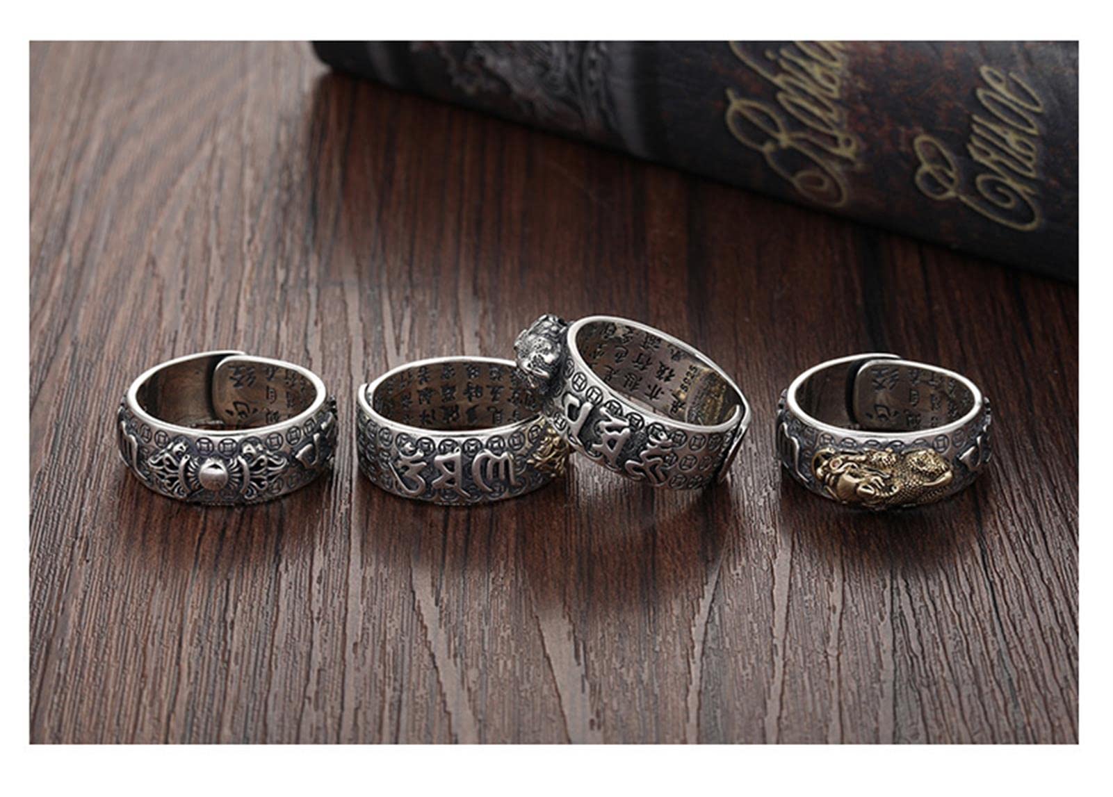 Feng Shui Pixiu Mantra Ring S925 Silver Buddhist Good Luck Amulet Mantra Double Protection Wealth Love Health Ring Gift for Men Women Adjustable,012