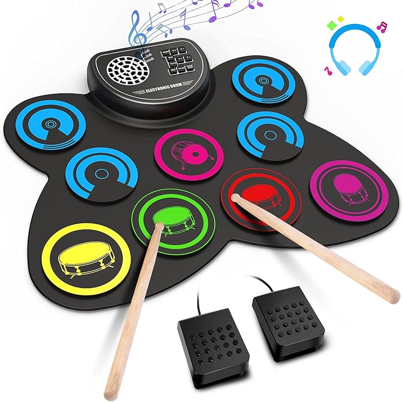 Juego de batería eléctrica, 9 almohadillas de práctica de batería, almohadilla de batería electrónica enrollable con conector para auriculares, parlante incorporado, baquetas, pedales, regalo para niños