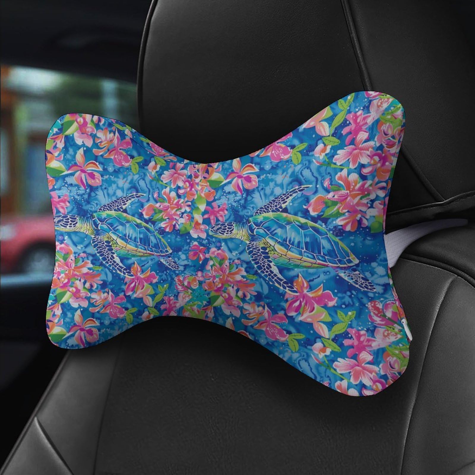 Floral Sea Turtles Car Neck Pillow Set of 2 Car Seat Head Support Cushion Bone Pillows with Elastic Strap