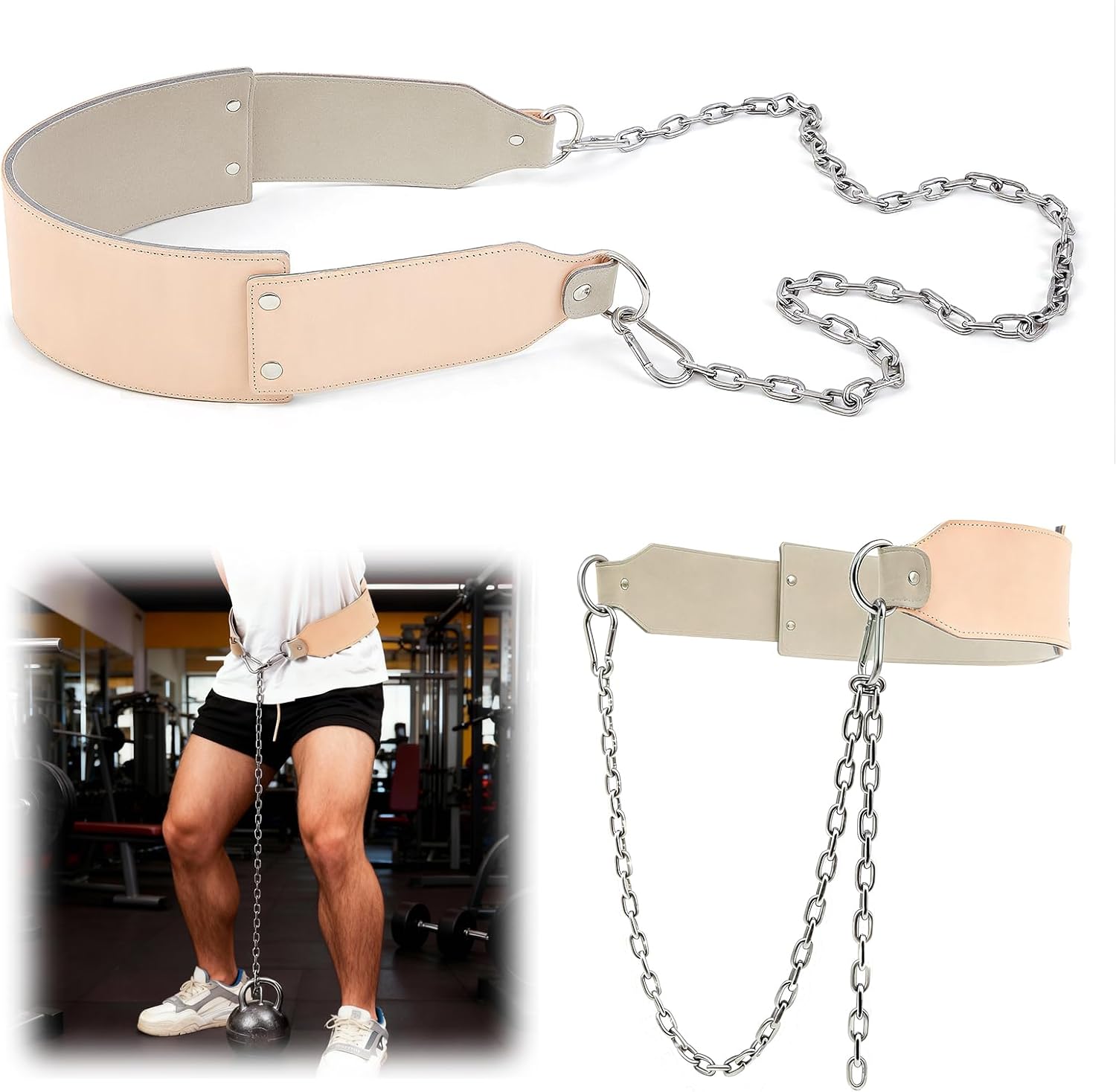 34 Inch Oxhide Leather Weighted Dip Belt with Steel Chain Heavy Duty Leather Dip Belt for Pullups Gym Weight for Strength Training Workout Weight Lifting, Pullup
