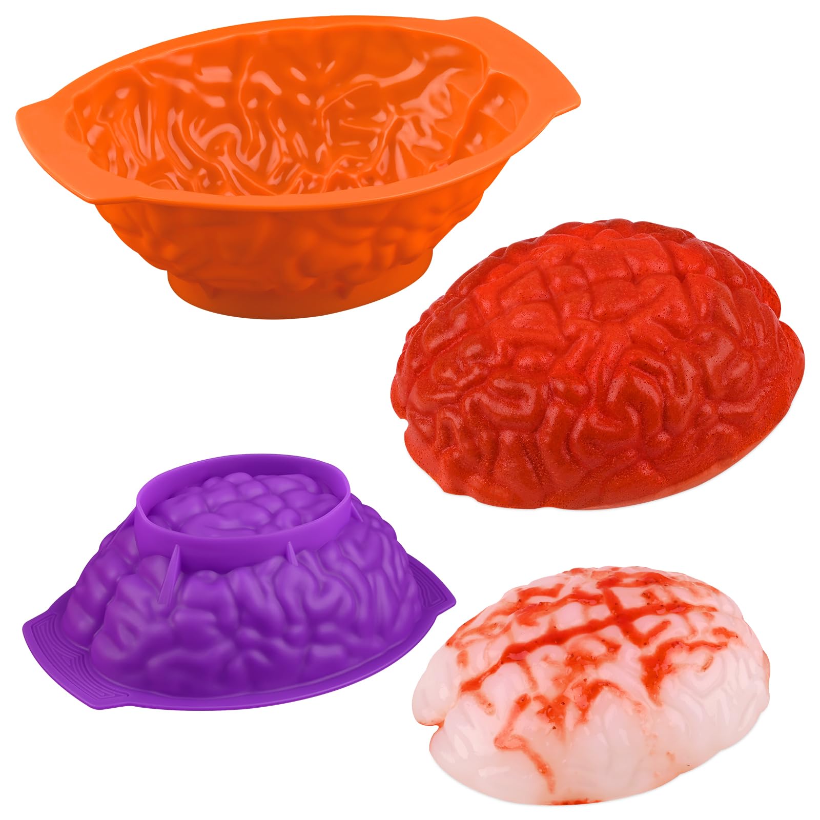 HUAKENER 2 Pack Brain Cake Mold, Breakable Brain Chocolate Mold, 2 Different Sizes Silicone Brain Gelatin Molds with Support Base, Halloween Brain Baking Mold for Cake, Chocolate, Jello
