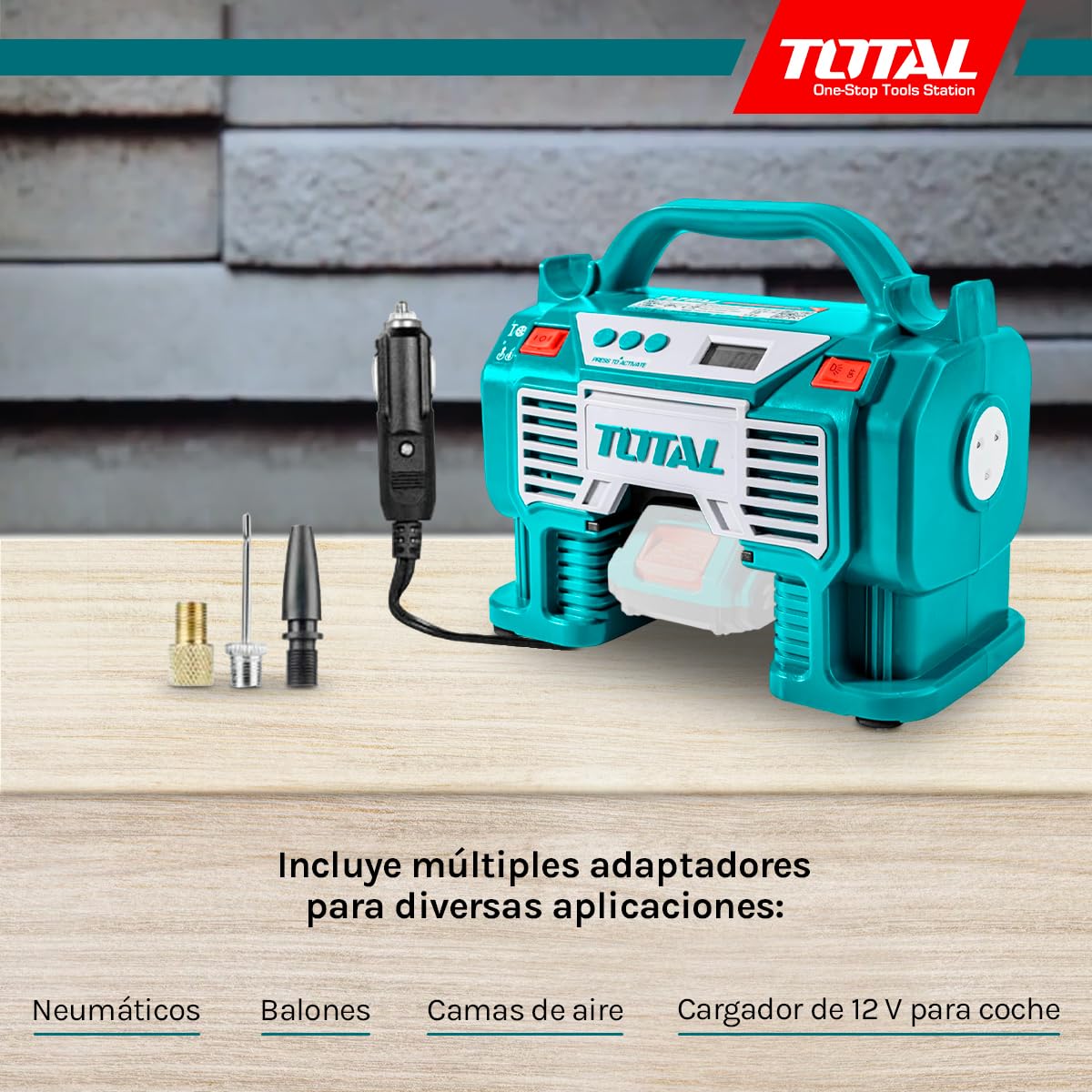 TOTAL - Compresor Híbrido a Batería P20S de 20 V - Bomba de Aire Eléctrica para Inflar Balones, Colchones y Neumáticos - Cargador de 12 V para Coche - Incluye Adaptadores