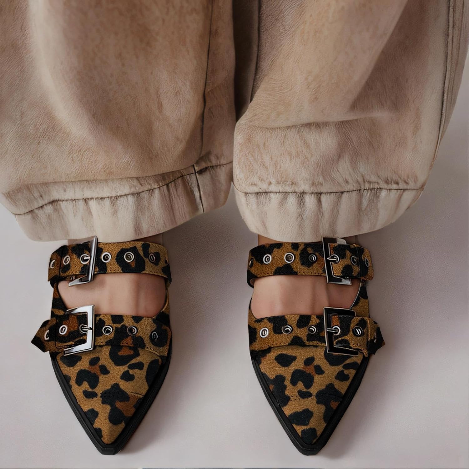 KaroNairy Women's Wide Buckle Ballet Flats, Pointy Toe & Square Toe Mary Jane Flats Slingback Comfortable Ballerina Flats Leopard Print