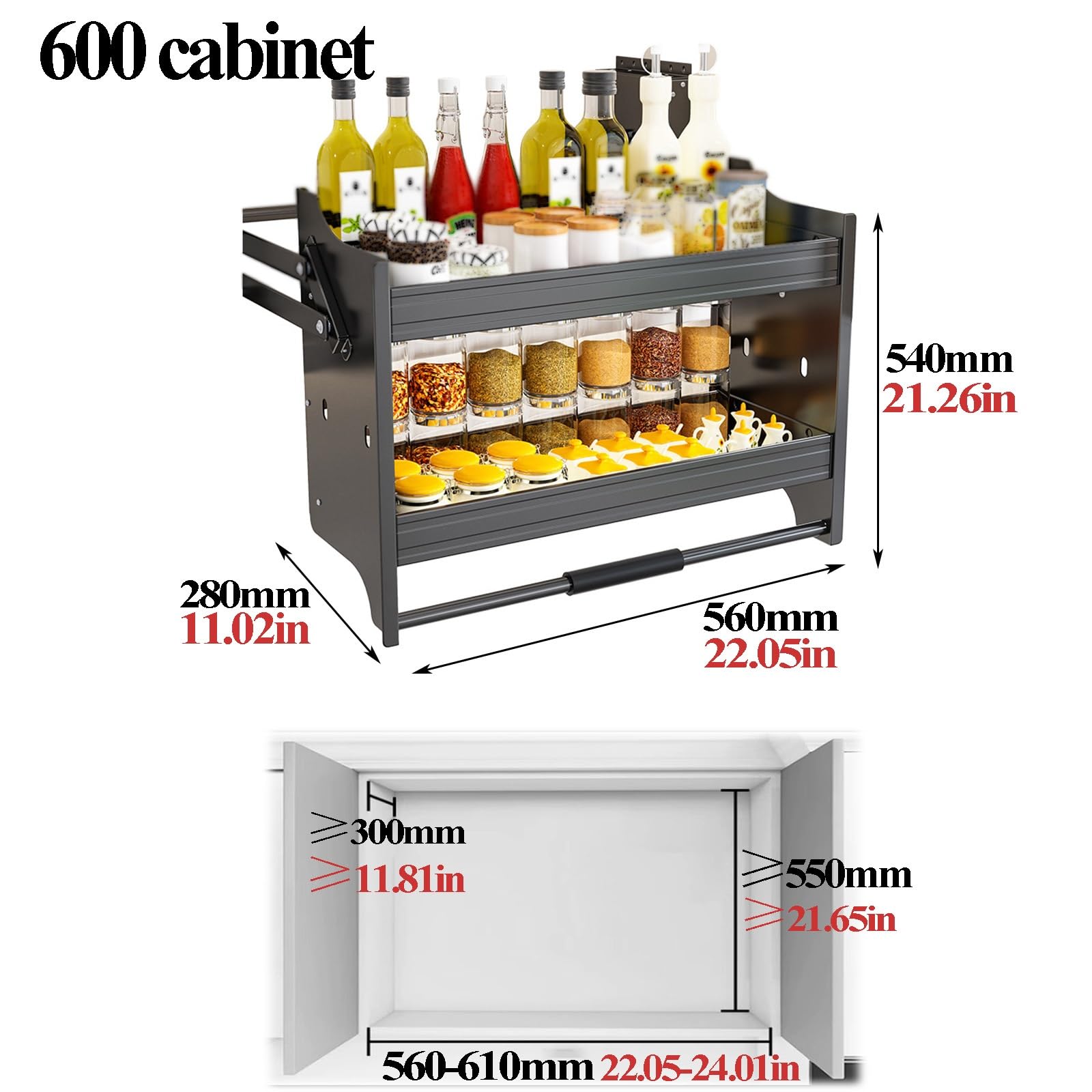 Étagère À Épices Inclinable Et Rabattable, Organiseur De Placard Coulissant, Placard Mural À Deux Niveaux, Adapté Aux Placards Supérieurs Relevables De Cuisine(22.05in)