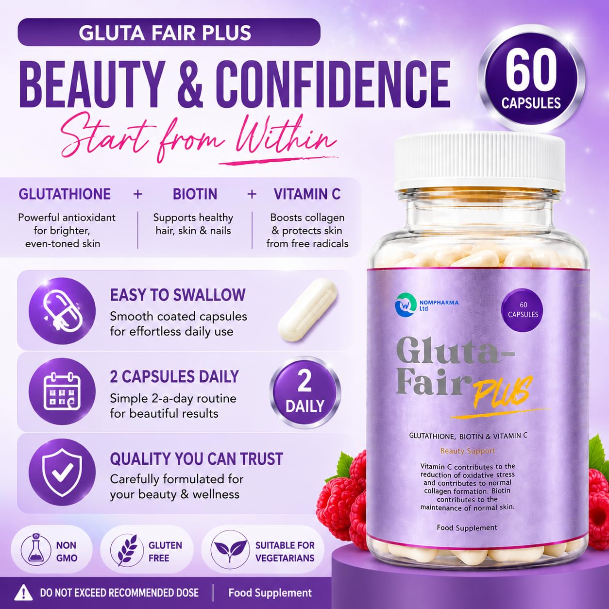 fair plus glutathione Gluta L-Glutathione 500mg, Vitamin C 75mg & Biotin 30mcg, 60 Vegetarian Capsules, Daily Skin Support, Made in UK, GMP Standards, Third-Party Tested Health & Personal Care a bonne