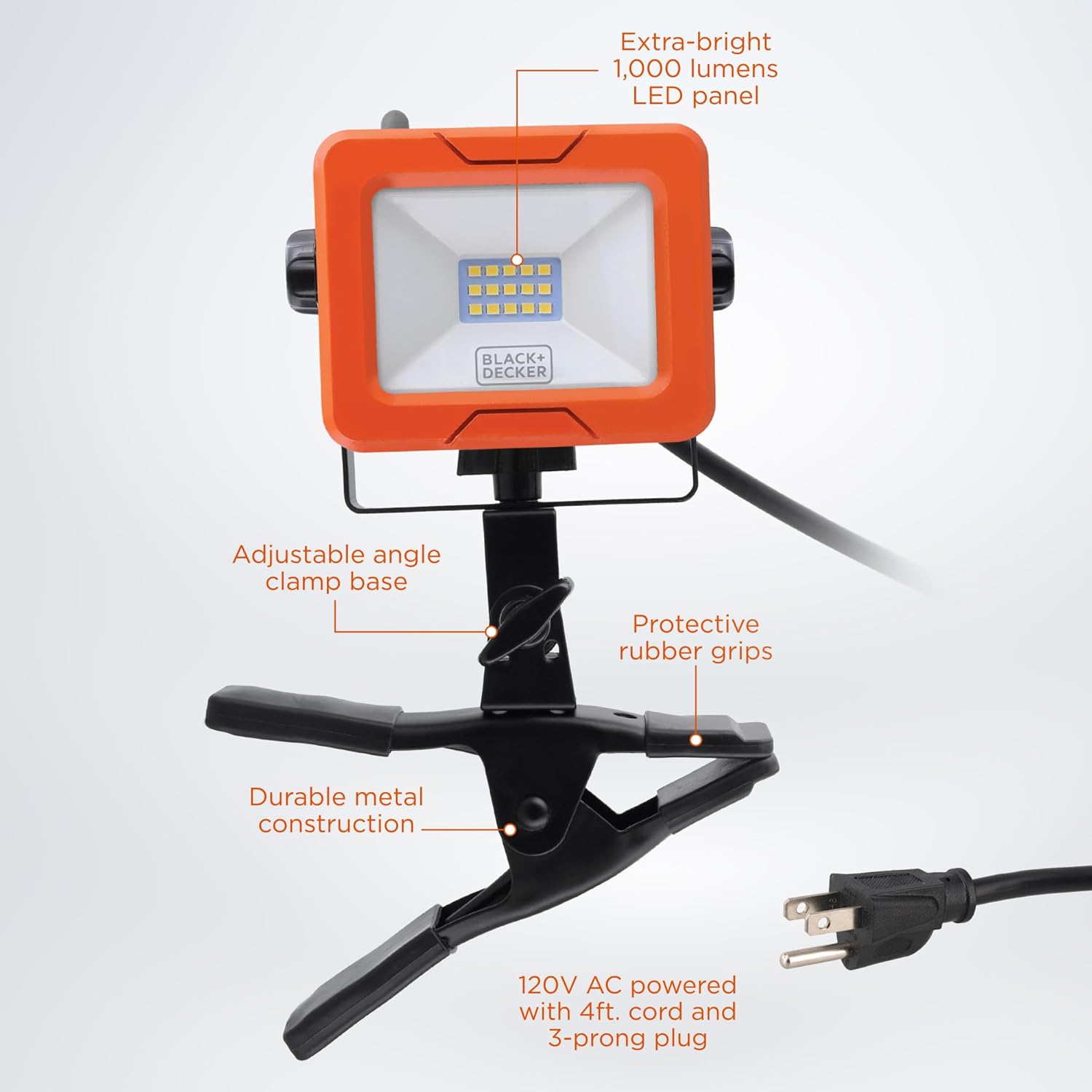 BLACK+DECKER LED Clamp Work Light, 1000 Lumens Indoor & Outdoor IP65 Waterproof Clamp Utility Shop Light with Plug, Clip on Shop Lamp, Adjustable Arm, 360° Rotating Clamp, Tripod Compatible, 4 Ft Cord