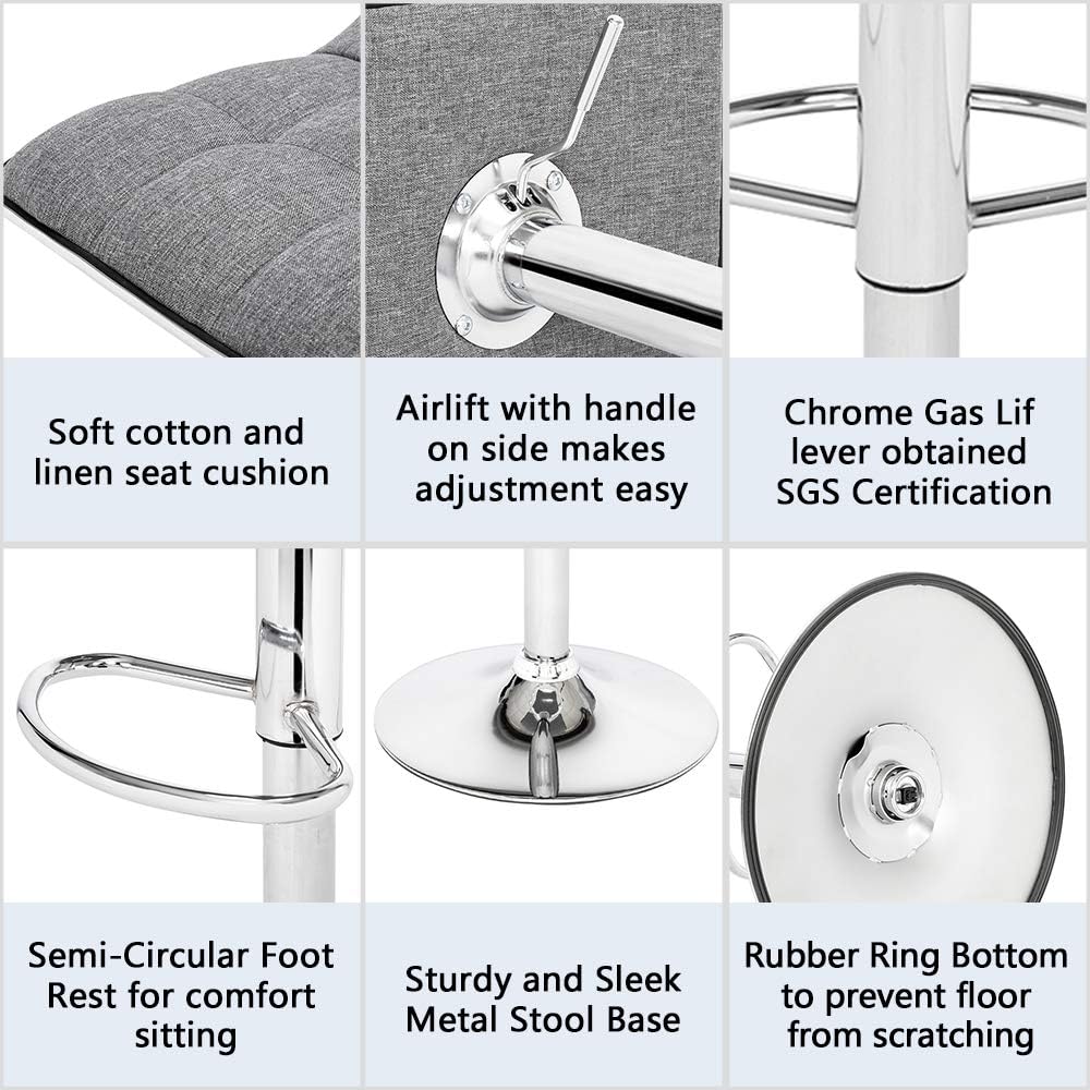 Set of 2 Adjustable BarStools,Soft-Packed Square Board Curved Foot Bar Stools Spectrum Stool Swivel Kitchen Breakfast Counter Stools (Gray,Linen Fabric)