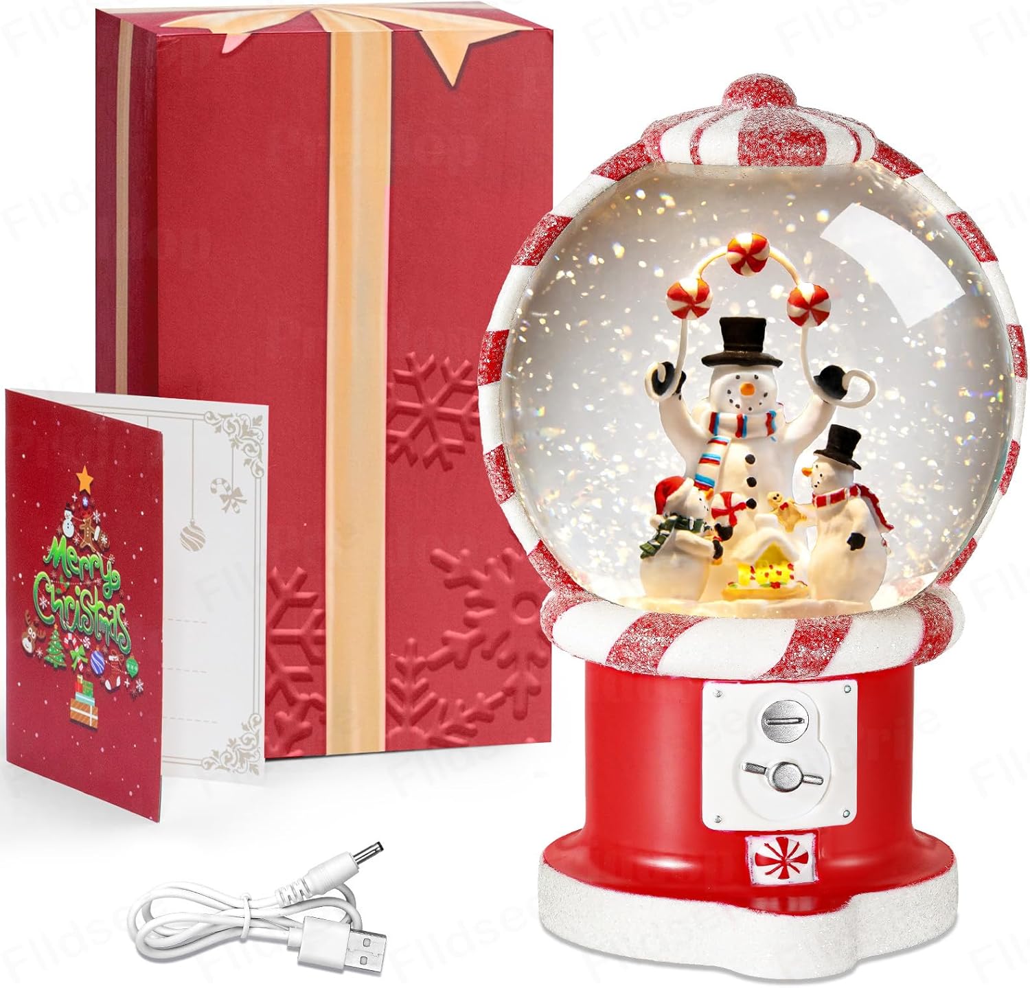 Christmas Snow Globe Lantern, Glitter Musical Snowglobe Light with Timer, USB & Battery Powered Music Box, Snowman Family & Candies, Holiday Decorations Indoor Home Decor