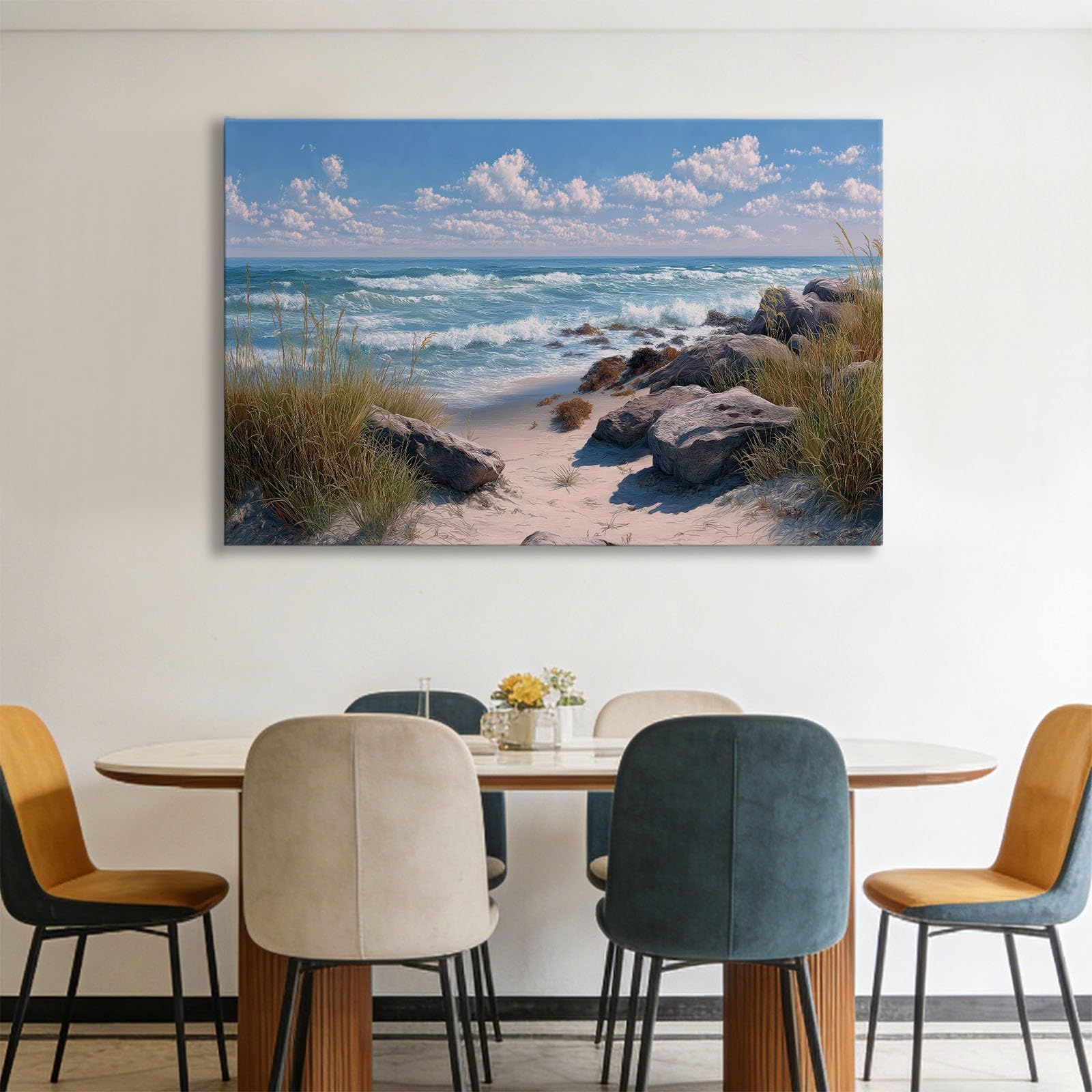 Generico Quadro su tela con cornice Documentario Costiero Dune Spiaggia, Quadri Stampa su tela soggiorno da Parete grande Quadri Blu Chiaro Decorazione Murale Arredo Camera da letto Cucina 70 x 50 cm