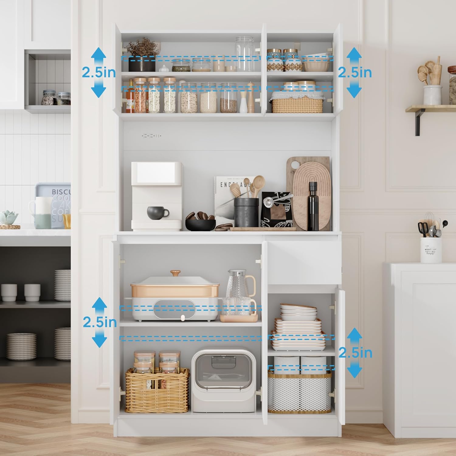 holzart 71" Tall White Kitchen Pantry Cabinet with 6 Doors & Power Outlet, Freestanding Storage Hutch with Countertop, Adjustable Shelves for Dining Room, Laundry Room