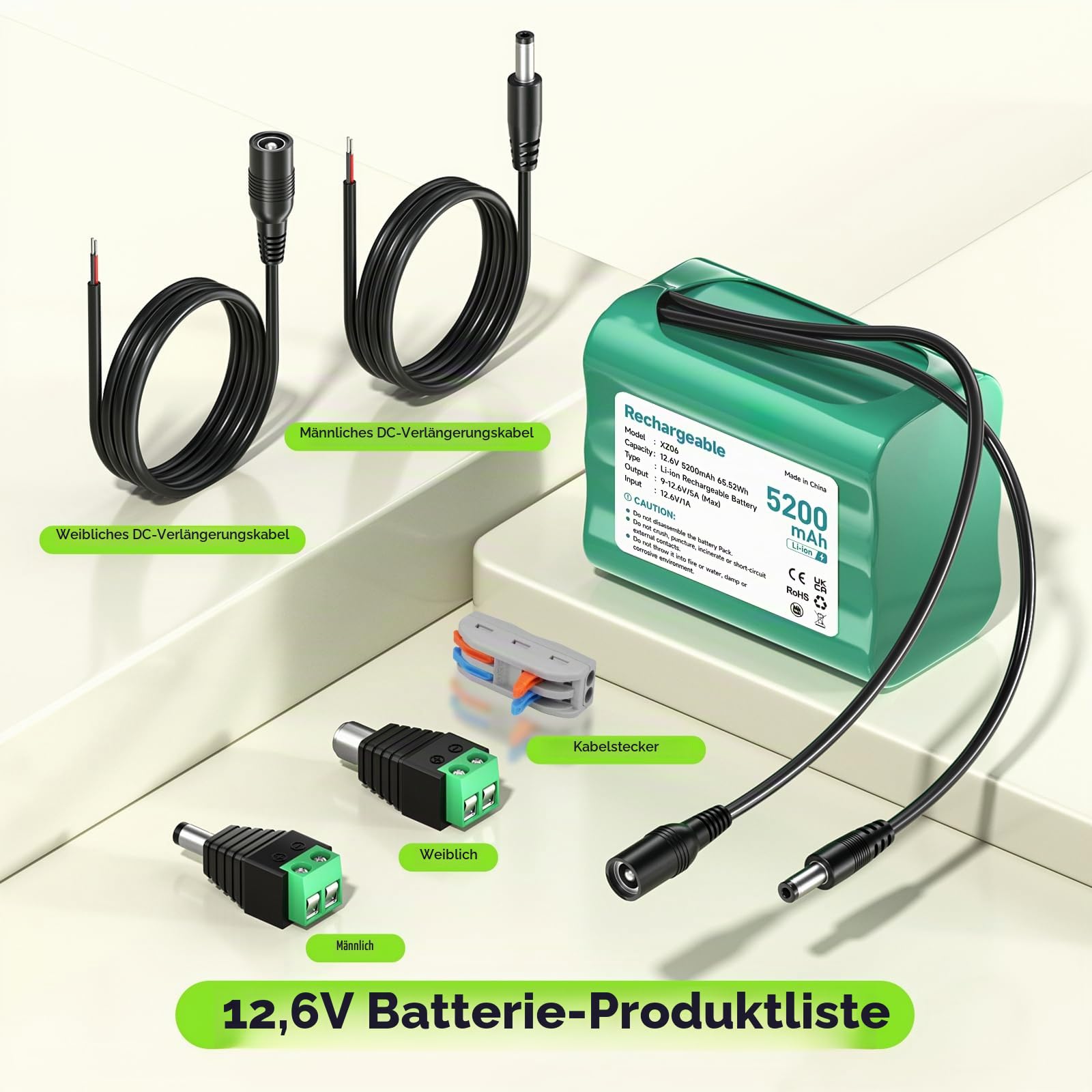 12.6V Lithium Ionen Akku 5200mAh, Klein 12V Akku mit ladegerät & Steckeradapter & Verbindungslinie für Solar Panel, Soundboks, DAB Radio, Fahrrad Beleuchtung, Scheinwerfer Rücklicht, Sonar