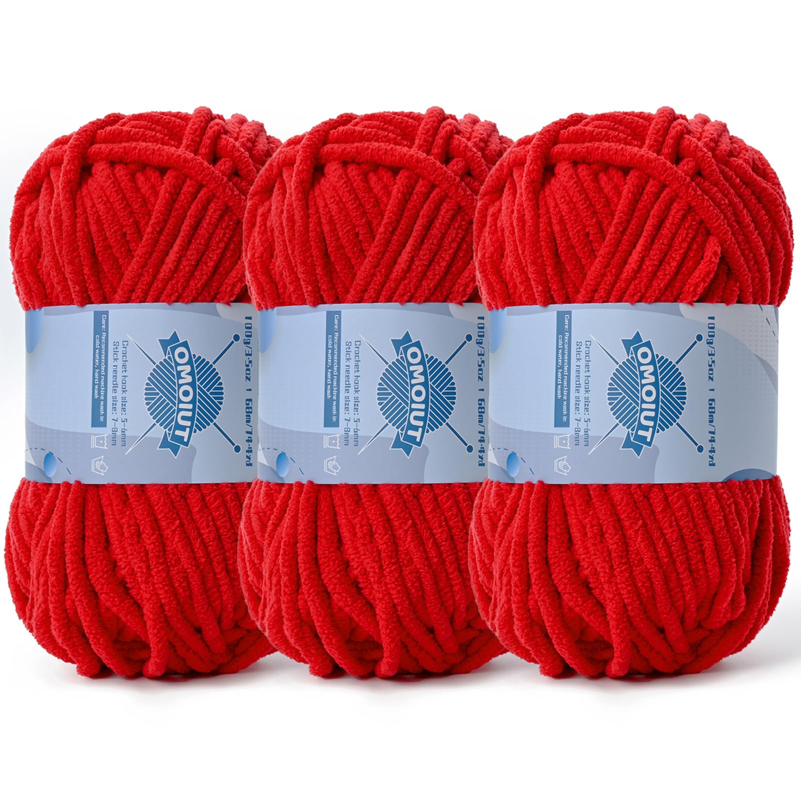 3 Pack Chunky Chenille Yarn for Crocheting, Baby Yarn for Crocheting Soft Blankets, Bulky Yarns for Crochet Amigurumi, 300g (223yds) Fluffy Velvet Yarns for Hand Knitting (3 Red)