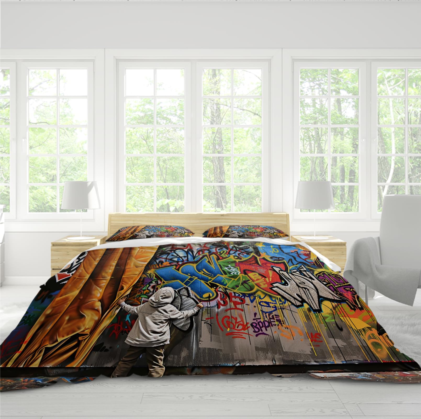 Street Graffiti Style Funda de Edredón Set 3 Piezas Little Boy Tirando de Las Cortinas Juego de Ropa de Cama con 2 Almohadas Shams Cremallera y 4 Lazos 210 x 210 cm