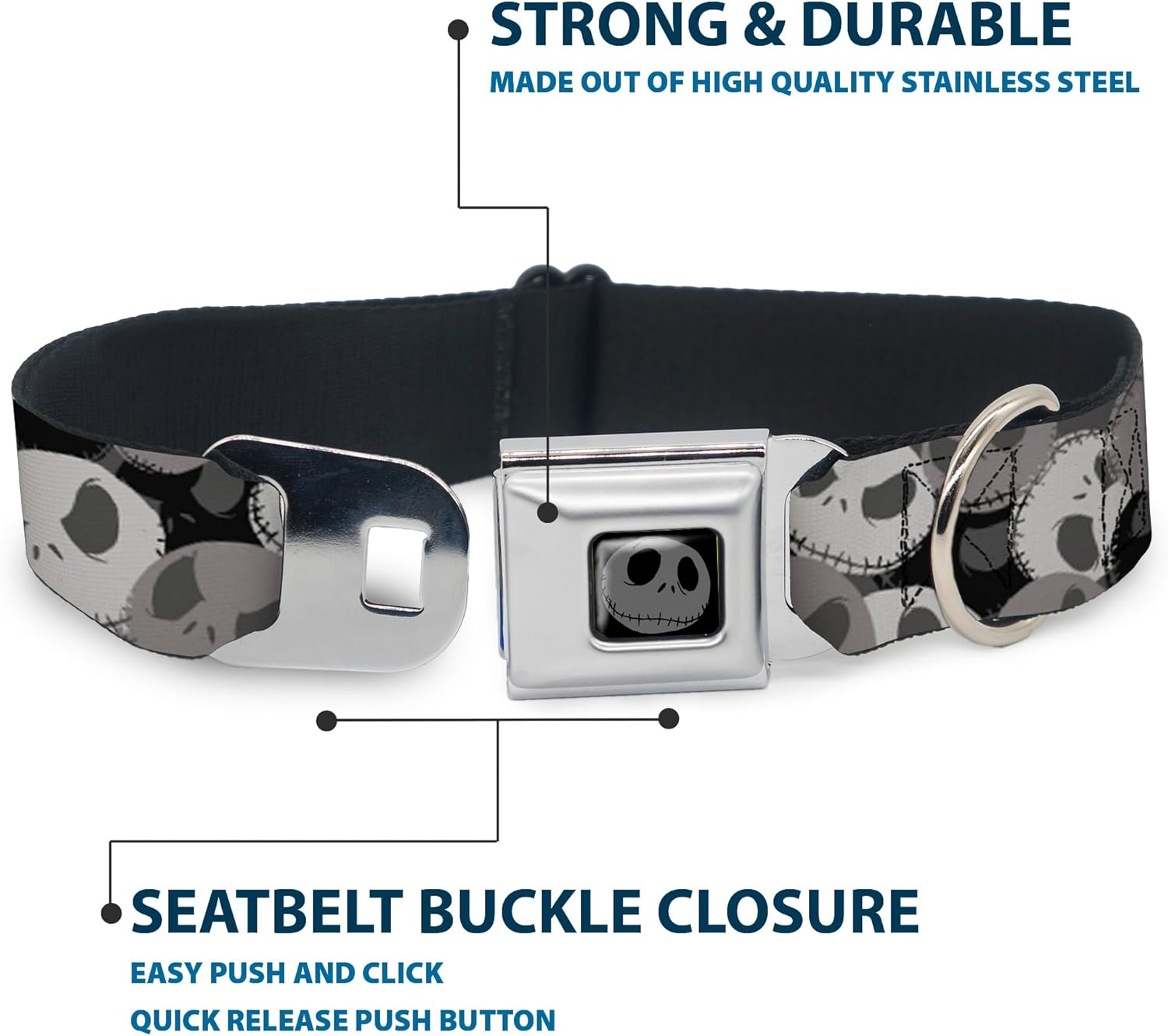 Buckle-Down Dog Collar Seatbelt Buckle Nightmare Before Christmas Jack Expression Stack Black Grays, Multicolor, 1.5"" Wide - fits 18-32"" Neck - Large (DC-WDY347-WL)