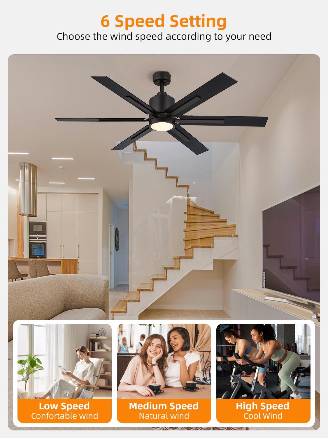 60 Inch Ceiling Fan with Light and Remote, Large Farmhouse Industrial Ceiling Fan for Living Room, Dining Room, Reversible DC Motor, 6 Speed, Black Bronze