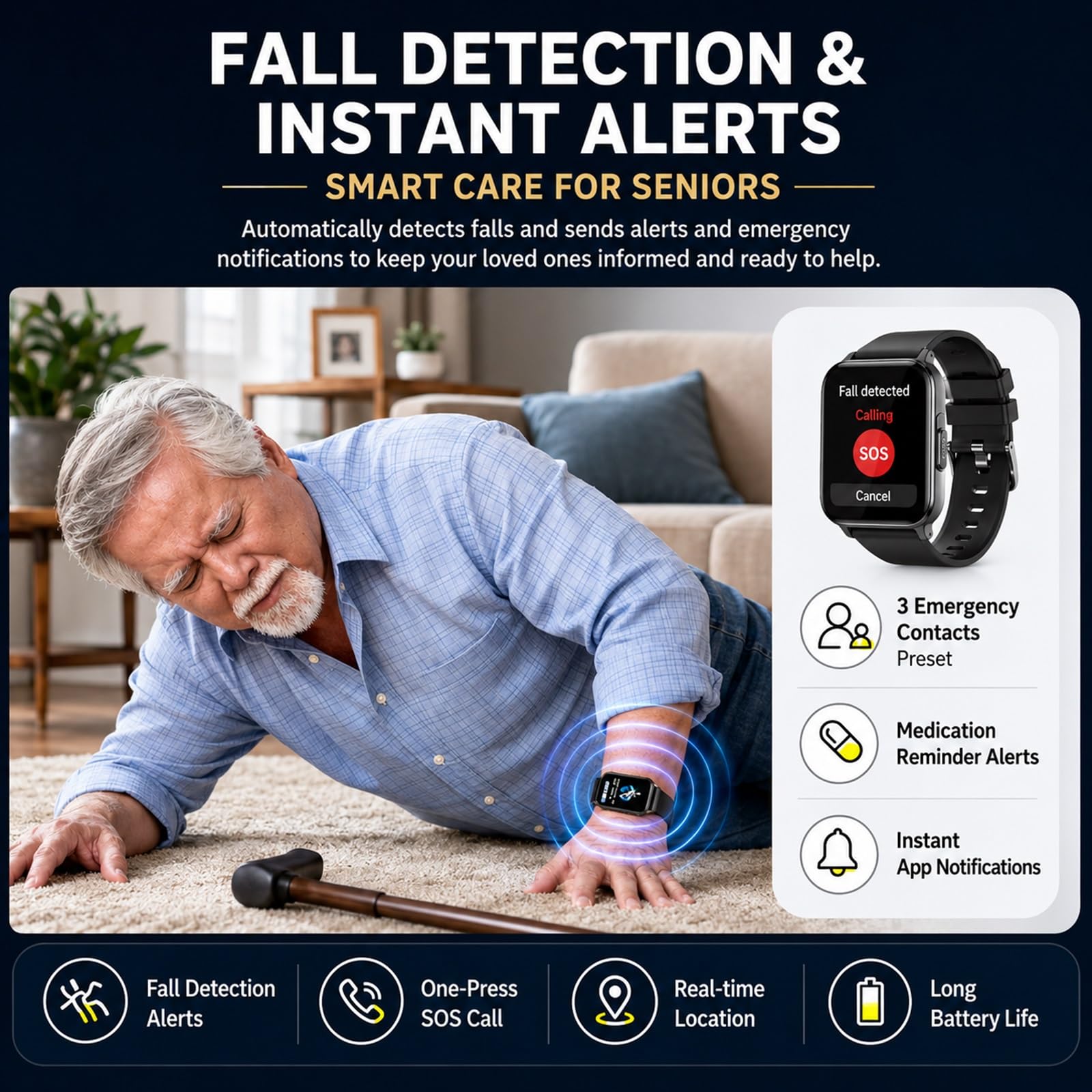 Montre Connectée GPS 4G pour Démence Seniors avec Bouton SOS et Podomètre | Appels Vidéos, Suivi Cardiaque, Alarme de Zone de Sécurité Geofence, Étanche IP67, Gestion via Application(Gold)