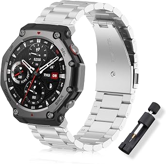 Metal Band for Amazfit T Rex 3, Solid Stainless Steel Wristband, Quick Release Watch Strap, Adjustable Business Style Replacement Band for Amazfit T-Rex 3 - Silver
