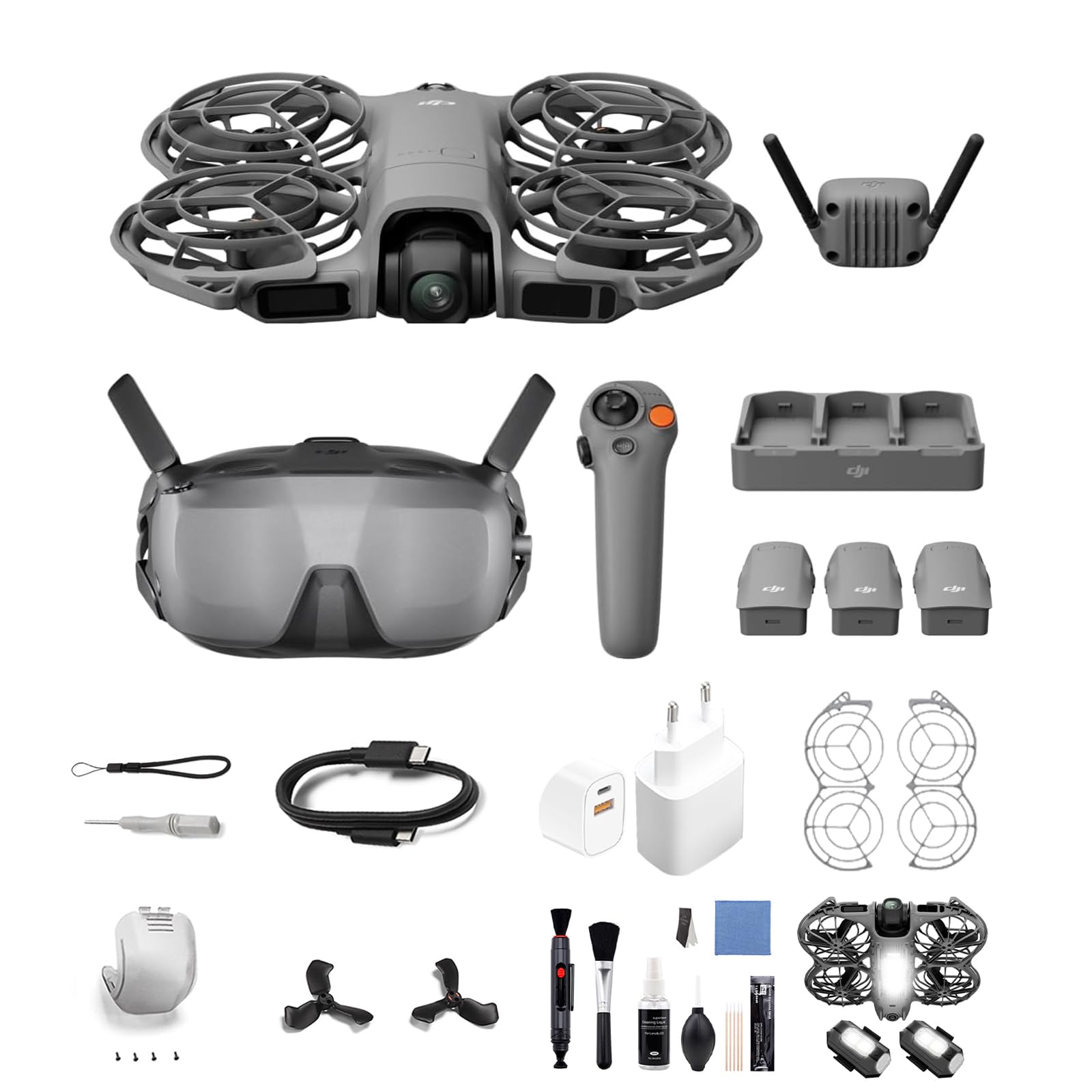 Pack DJI Neo 2 Motion: Dron 4K FPV para Principiantes con RC Motion 3, Goggles N3, 3 Baterías + Bundle 2 (Incluye Luz Estroboscópica, Adaptador y Set de Limpieza)