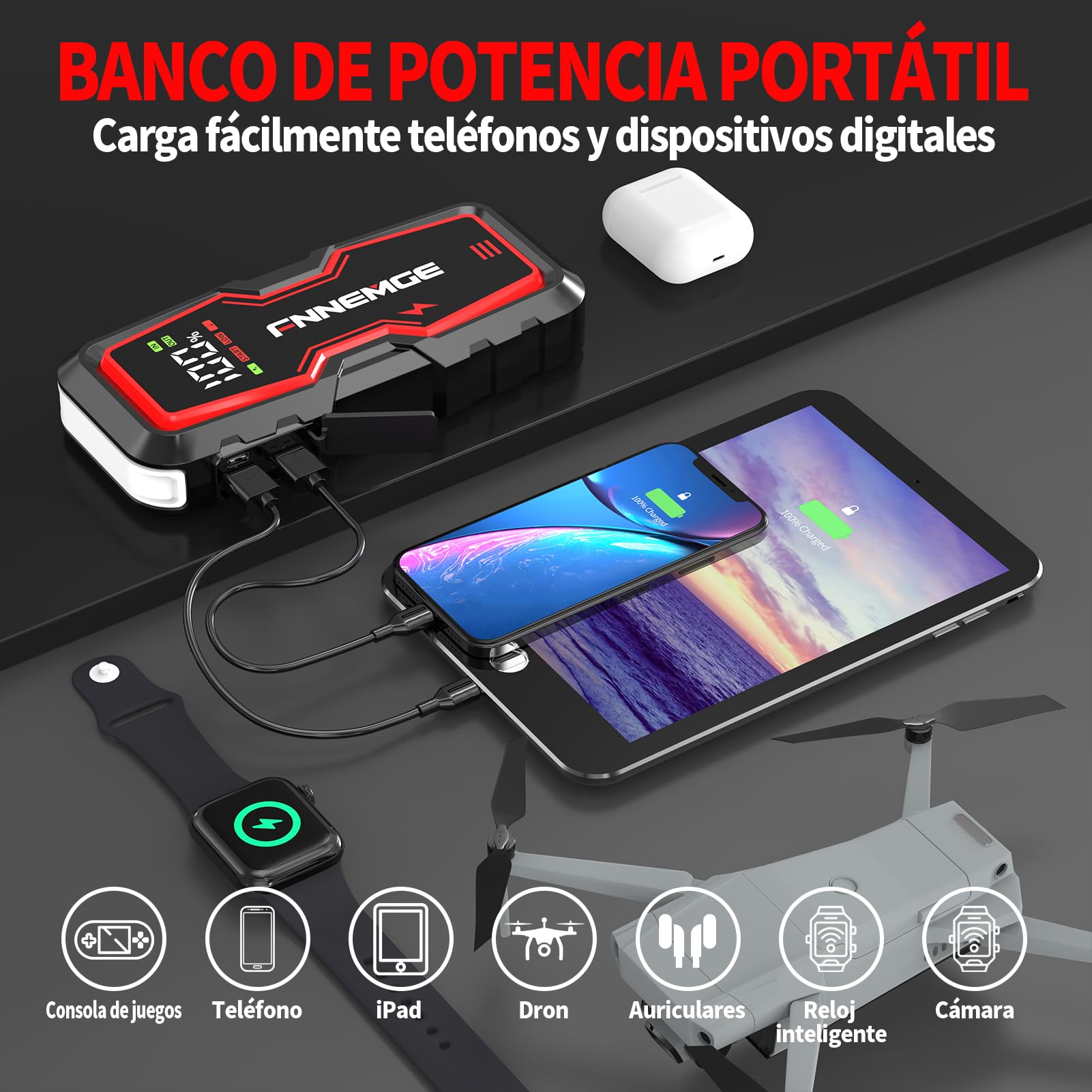 FNNEMGE Arrancador de Coches, 9000A 26800mAh Arrancador Batería Coche (para Todo vehículo de Gasolina o 10,0L de Diesel),Booster Bateria, con Puerto de Salida USB, Luz LED, Pantalla Grande HD.