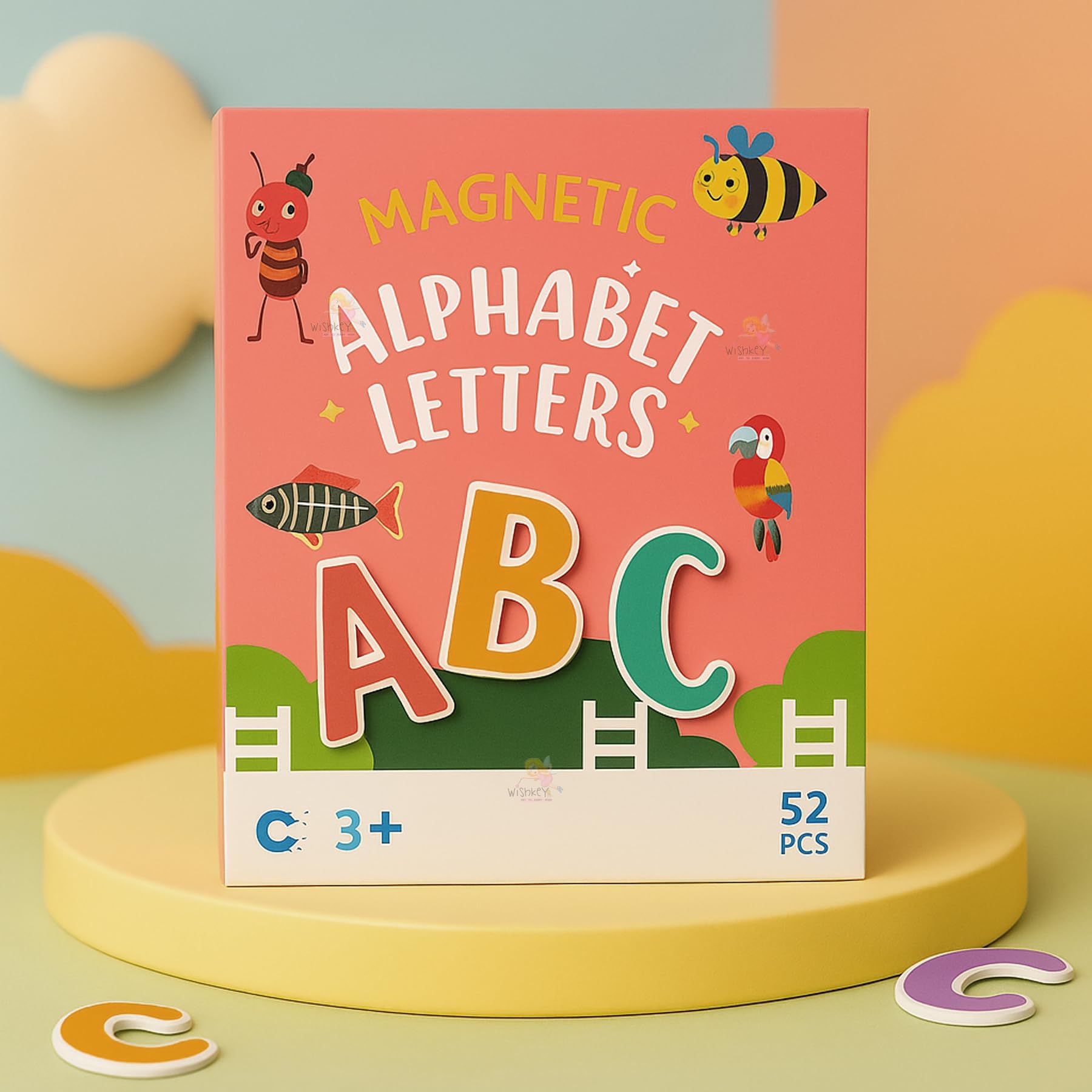 WISHKEY Magnetic Alphabet Letters for Kids – 52 PCS ABC Uppercase Magnets with Animal Flashcards, Educational Montessori Learning Toy for Toddlers & Preschool Kids Age 3+ Red 4