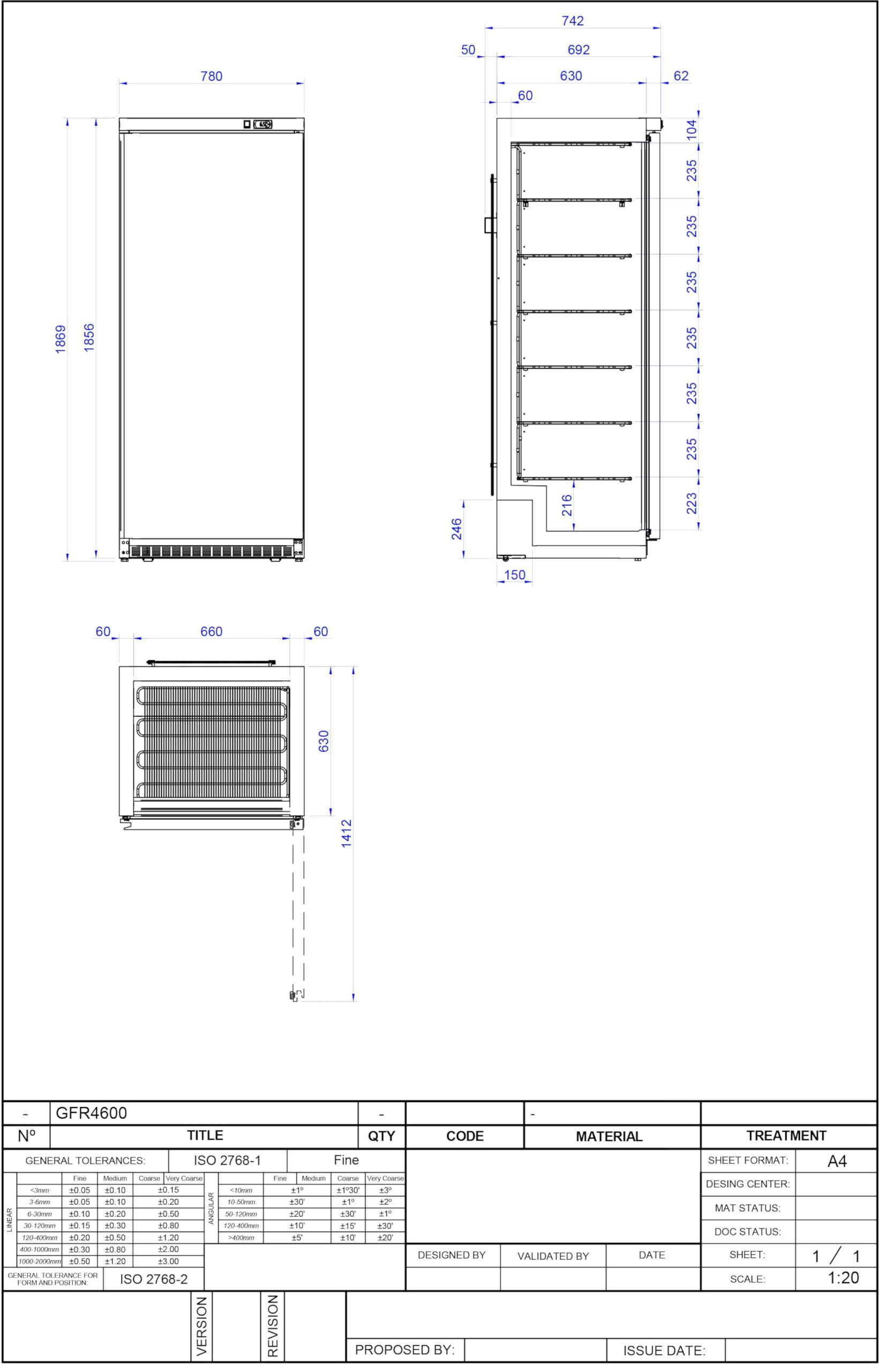 METRO Professional Congelatore GFR4600S, acciaio inox/ABS, 78 x 74 x 192.5 cm, 511 L, raffreddamento statico, 145 W, con serratura, argento