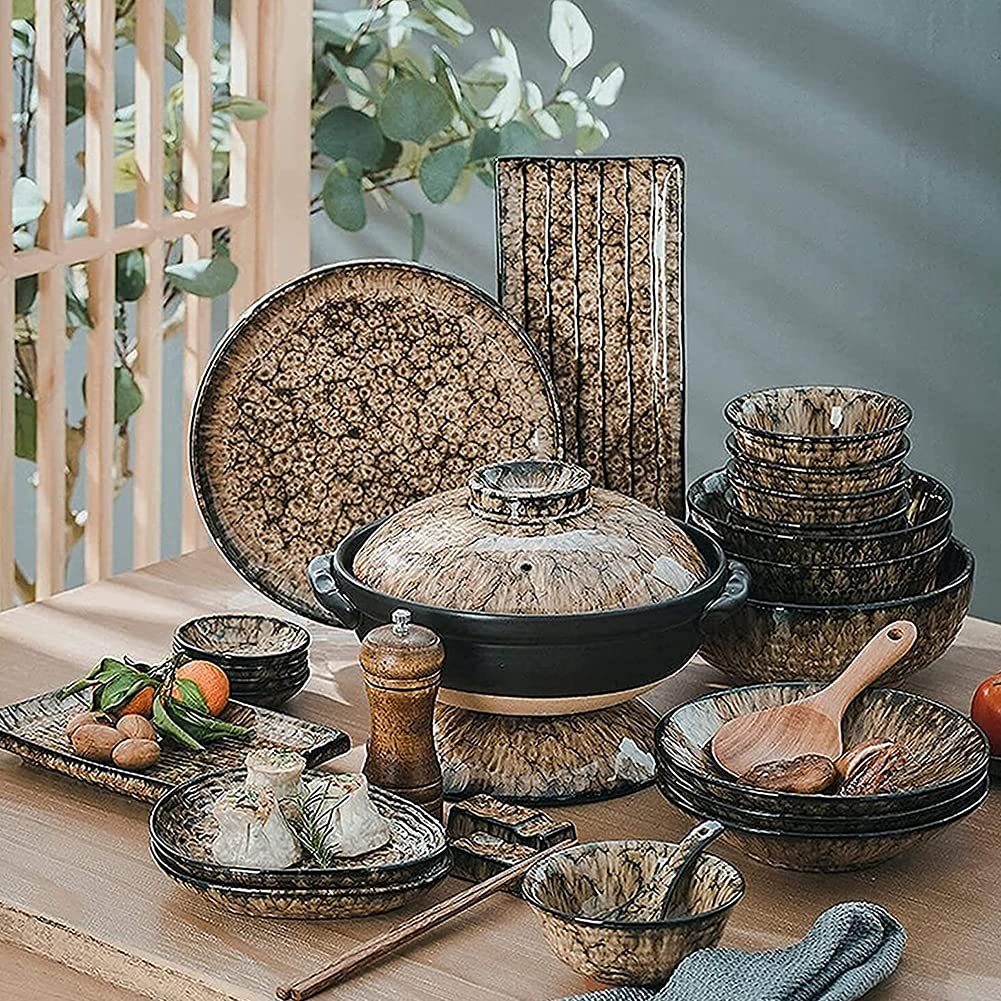 Ensemble de Services de céramique pour dîner de Fission, 66 Léopard Glaze Porcelaine Vaisselle, Plateau de Steak Japonais, Bol à céréales et Bol à Soupe