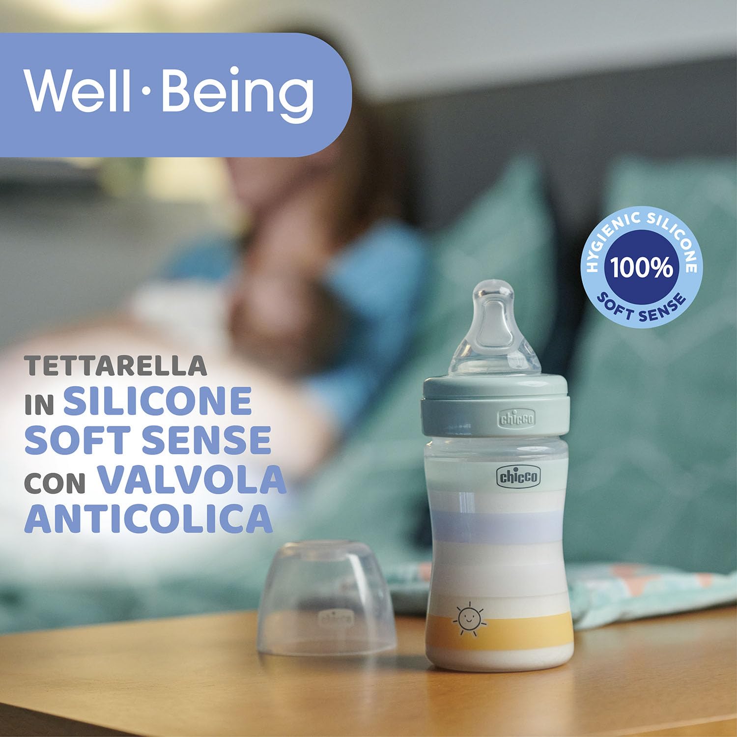 Chicco Biberon Flusso Lento,Tettarella Physio Morbido Silicone,Finitura Soft Sense,Anticolica,Riduce Rigurgito e Irritabilità,Bottiglia Plastica 150 ml, 0 Mesi+,Bambino,Azzurro