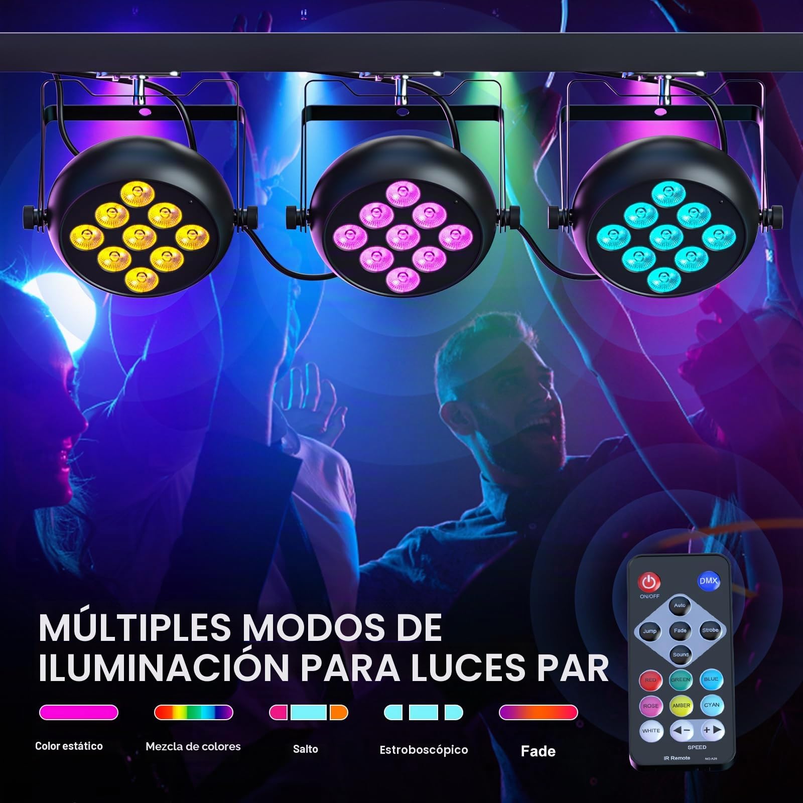 RGBW Foco Par LED con Par Bolsa, 9 LED Luz de Escenario DMX 5/8CH con Control Remoto y 4 Modos de Control, Luces Discoteca para DJ, Fiesta, Bar, Boda, Halloween, Navidad