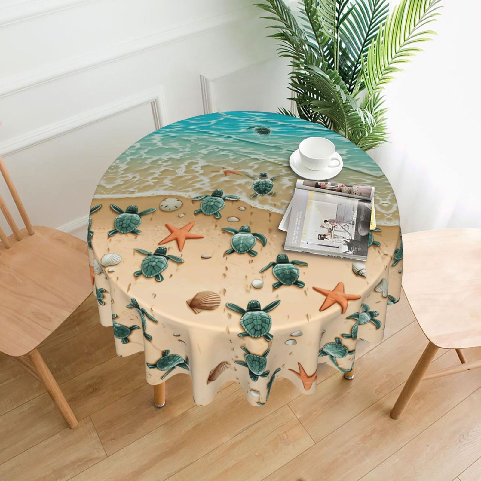 WHJSSF Turtle starfish Prints Round Decorative Tablecloth 60in - High-Grade Polyester Table Throw for Dining & Outdoor Parties