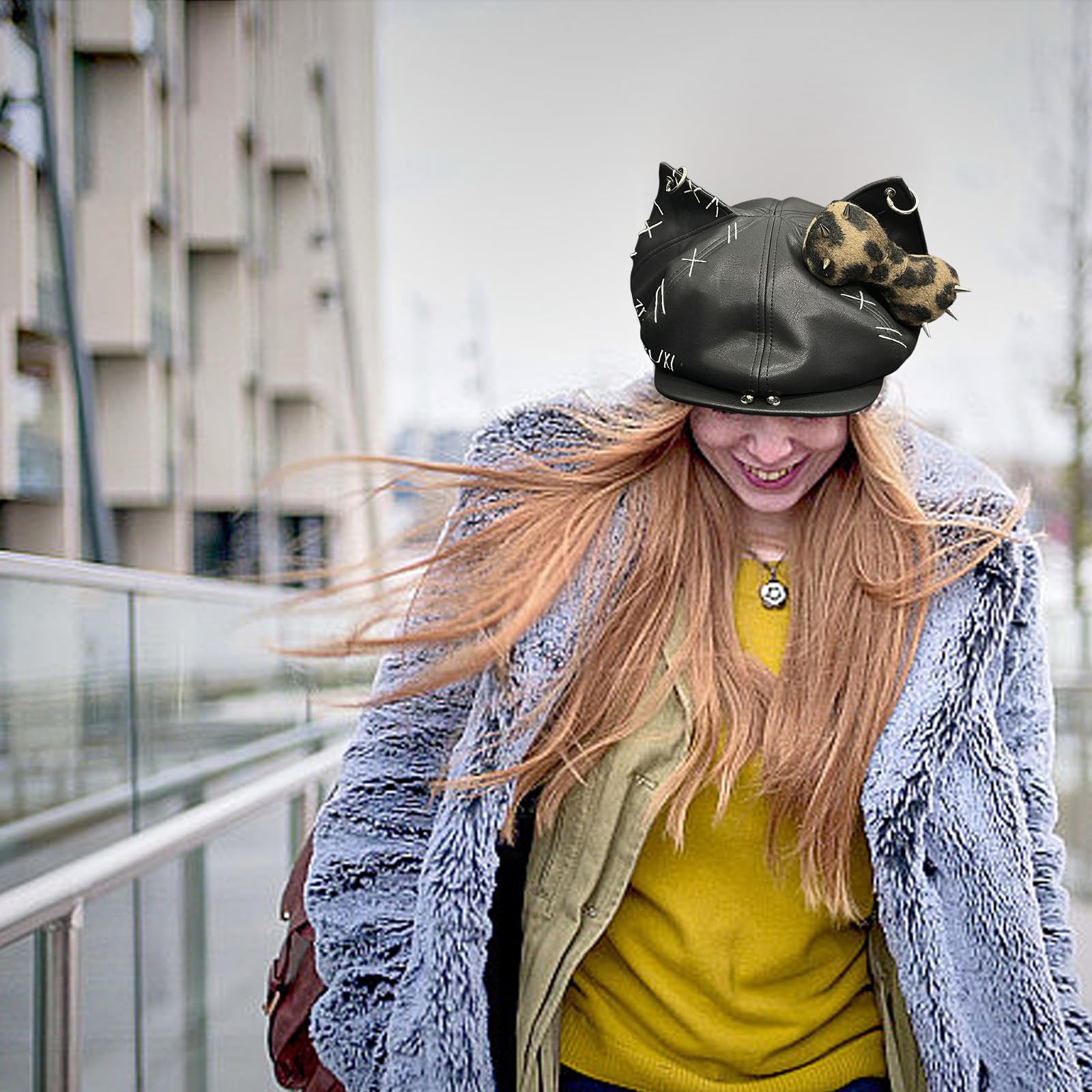 Cappello da baseball con orecchie di cane anni 2000 per donne uomini cappello in pelle PU distopico sottoculture streetwear hiphop festa quotidiana copricapo orecchio cane baseball