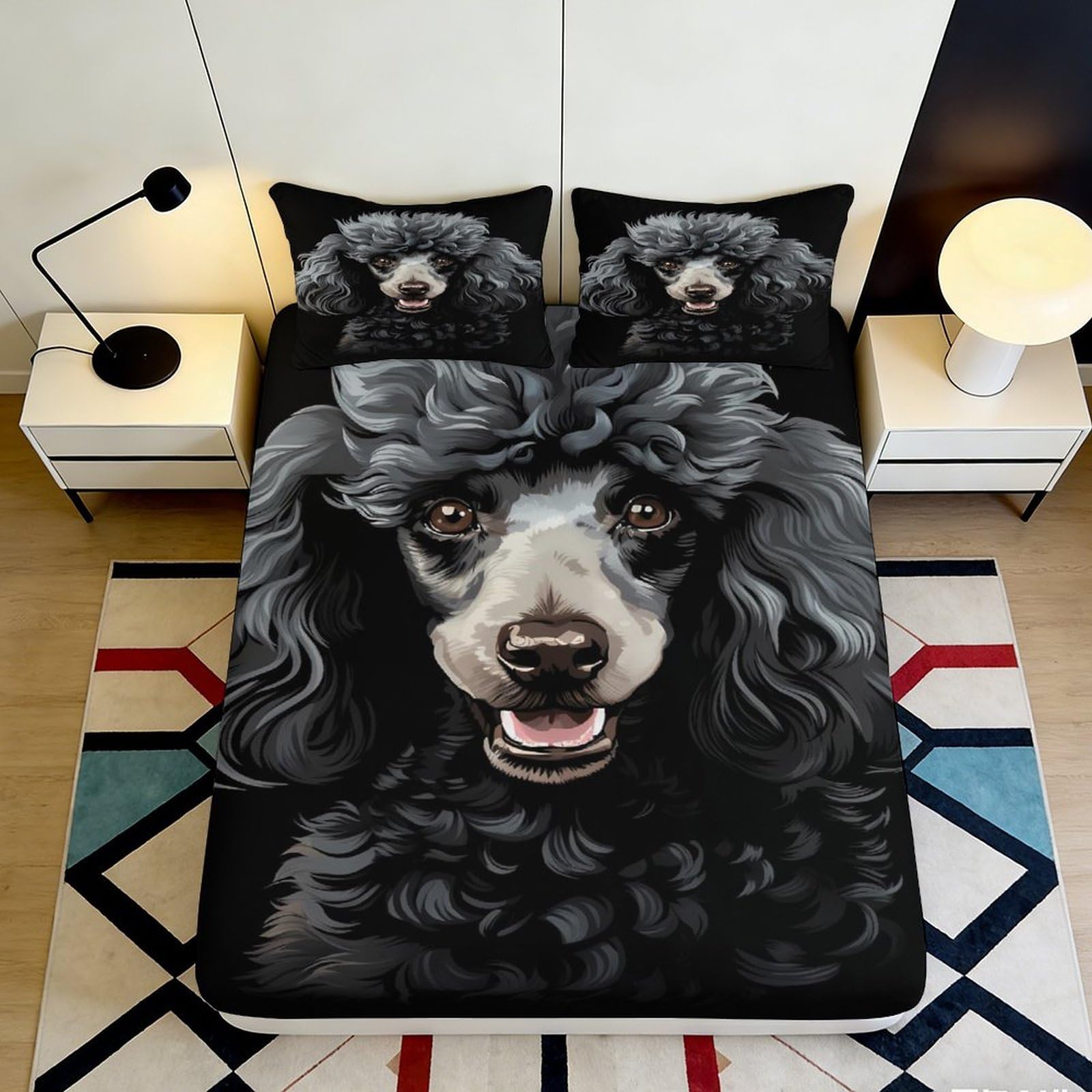 3D Printed Black Poodle Fitted Sheet Microfiber Soft Breathable Dog Face Bed Cover for Bedroom Dormitory Guest Room Mattress Protection Decor 120x200x25cm