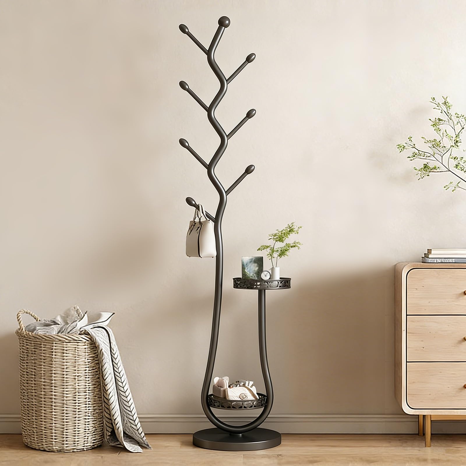 Porte-manteau arbre en métal robuste avec étagères anti-basculement