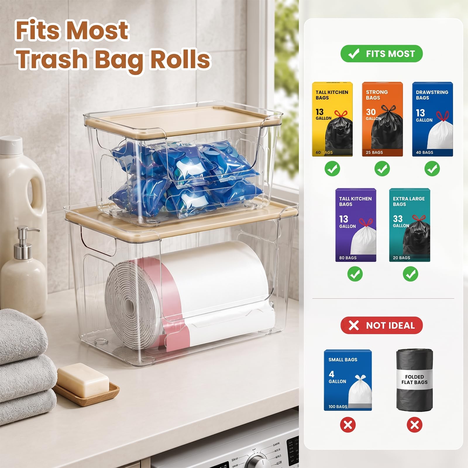 Distributeur de sacs poubelles, lot de 6, 3 grands et 3 petits bacs