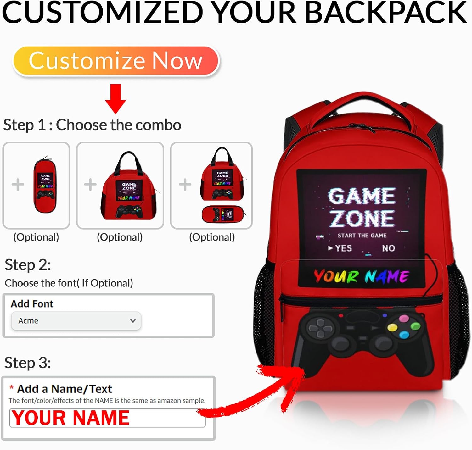 School Backpack for Boys School, Custom Gamer Bookbag for Kids Kindergarten Elementary Primary Middle College, 17 Inch Large Capacity Personalized Gaming Daypack for Travel Work Hiking