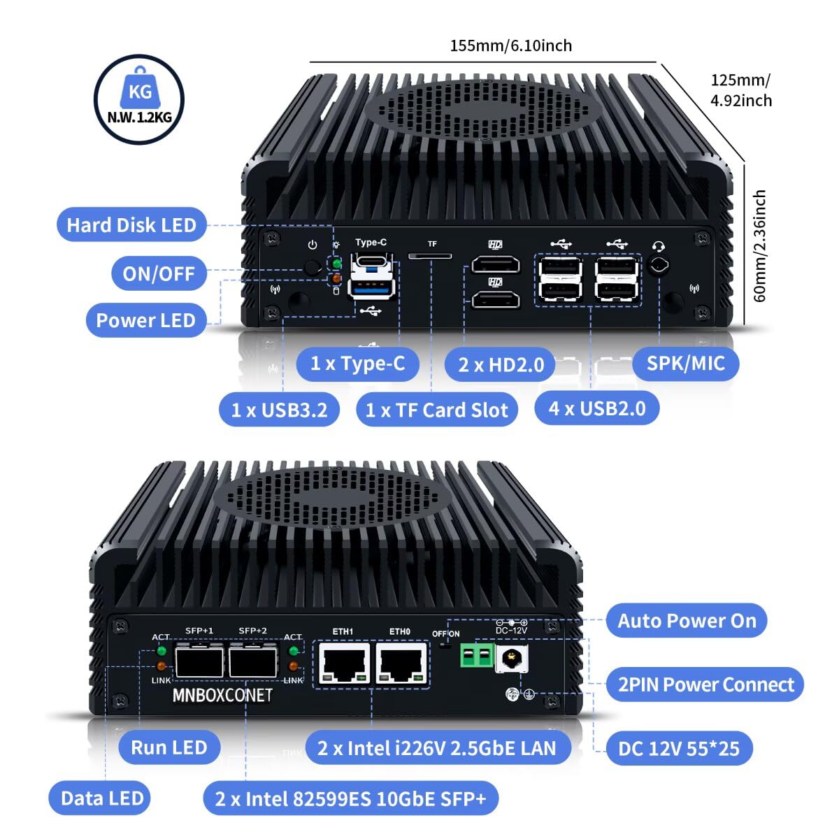 S2 Mini PC N150 10GBE SFP+, Firewall Appliance Micro Büro Hardware, DDR5 8GB RAM 128GB SSD, 2xi226V 2.5Gbit LAN, USB C, TF Card Slot, Support Proxmox OPNsense, SPK/MIC