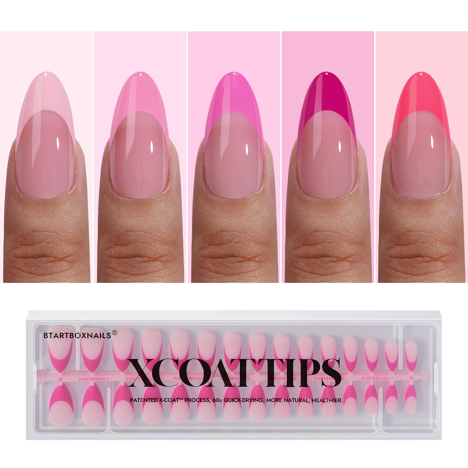 BTArtboxnails XCOATTIPS Pink French Tip Press On Nails - Almond Press On Nails Medium, Soft Gel Nail Tips, Soak Off Pink Acrylic Fake Nail Extension in 15 Sizes