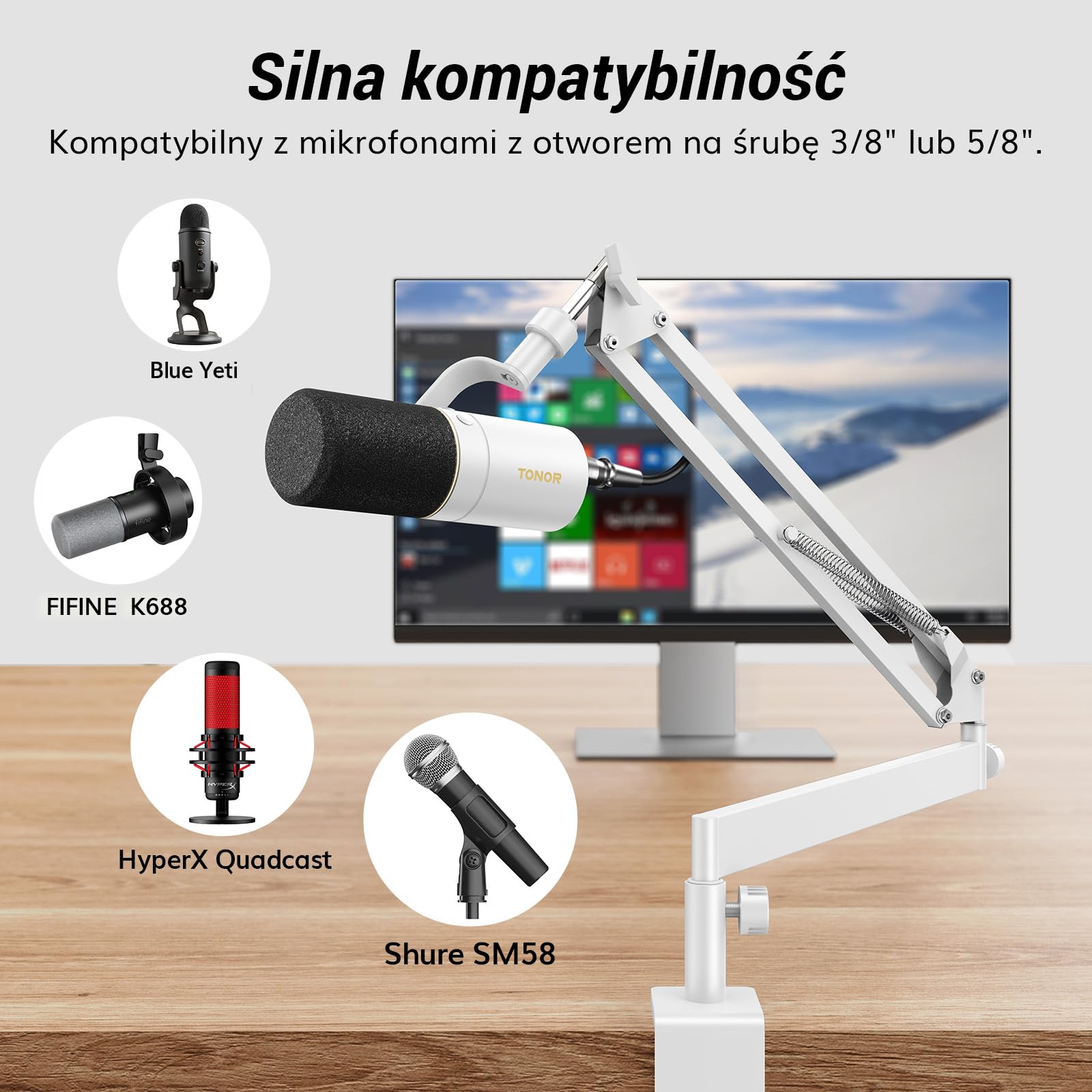 TONOR Stojak Wysięgnik Mikrofonu, Niskoprofilowy Statyw Mikrofonowy Premium do Nagrywania Podcastów dla Graczy, w Pełni Regulowany, Obracany o 360 °, składany o 90 °, T20LP, Biały