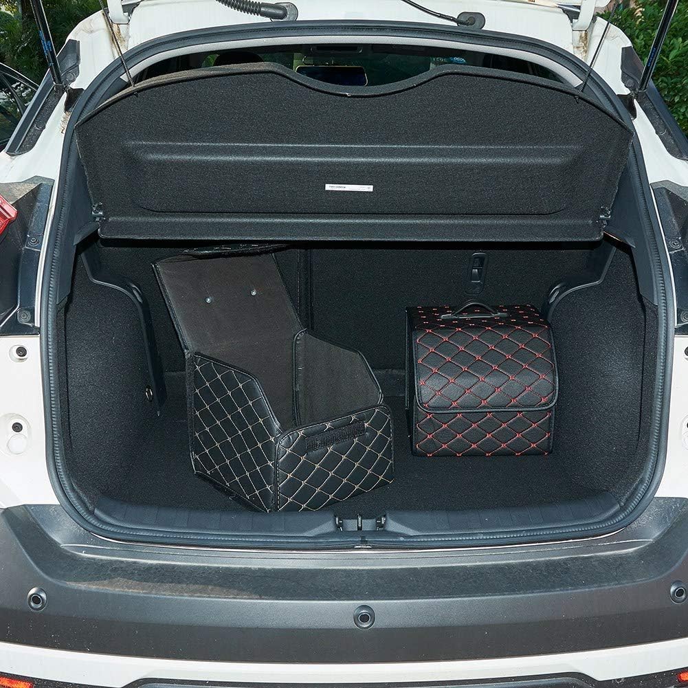 XhuangTech PU Leather Multipurpose Collapsible Car Trunk Storage Organizer with Lid 13inch Portable Auto Tools Cargo Holder Storage Box Tidy Case (Black with beige line)