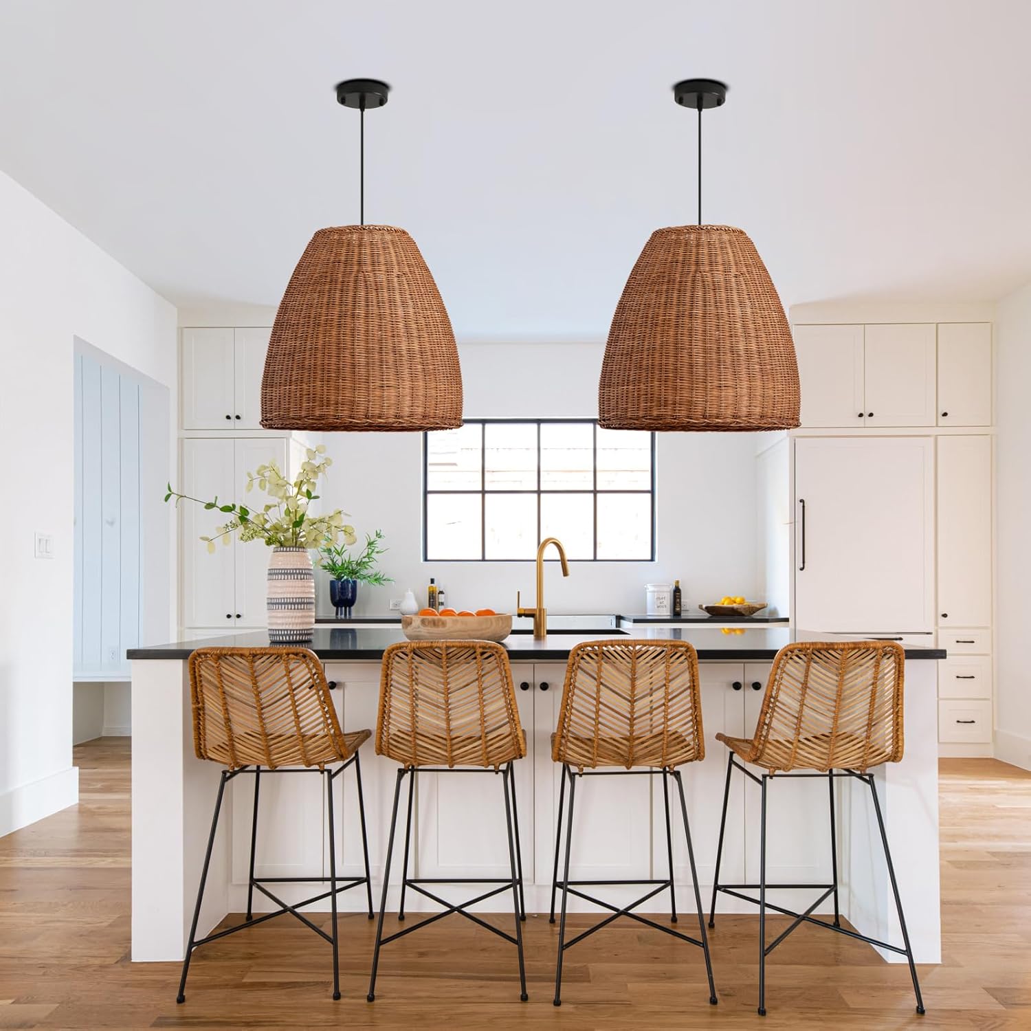 Farmhouse Rattan Chandelier 16.6" 3-Lights Boho Hand Woven Pendant Lights Wicker Dining Room Light Coastal Hanging Lighting Fixtures for Living Room Bedroom Kitchen Sink Restaurant Entryway Foyer