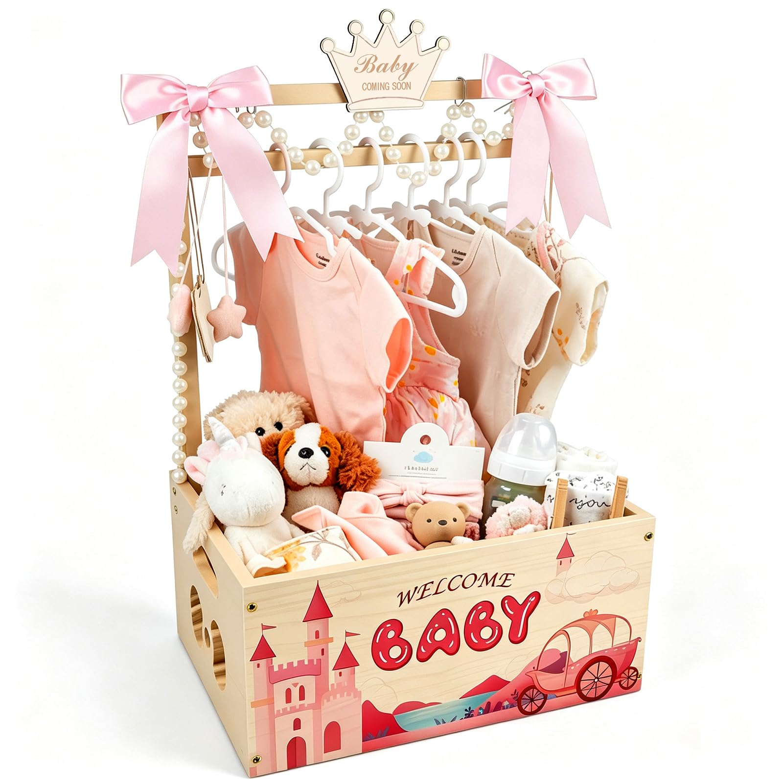 Armario de madera para baby shower, armario de madera para baby shower con asa y decoración, cesta personalizada para baby shower, cesta de baby shower de fácil montaje para fiesta de bienvenida de