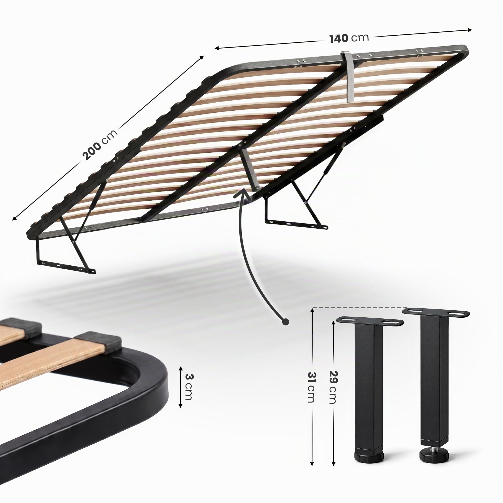 AKORD Metall-Lattenrost 140x200 cm mit Gasdruckfeder Hebemechanismus, 28 Holz-Leisten, Geteilter Bettrahmen bis 200kg belastbar, Schwarz