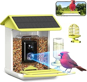 Bird Feeder with Camera, Free AI Forever for 11,000+ Species, 64G TF Card & 1080P HD, Solar-Powered Wireless Outdoor Design, App Alerts & Two-Way Audio for Garden Wildlife Watching (Yellow) asin的图片