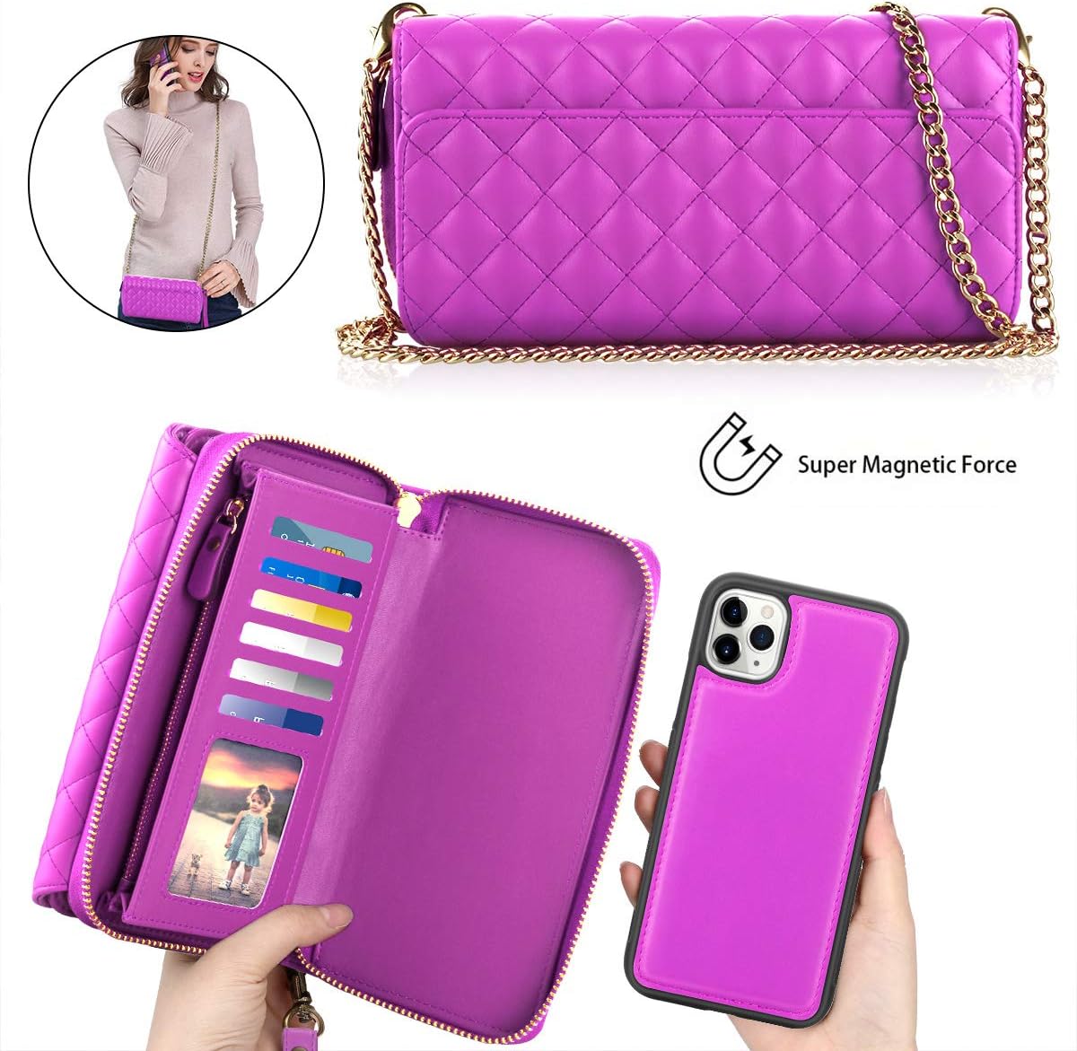 Petocase for iPhone 11 Pro Max Wallet Case, Multi-Function Zipper Purse with Detachable Magnetic Back Cover Wristlets 13 Card Slots & 4 Cash Pocket for Apple iPhone 11 Pro Max 6.5 Inch 2019 (Rose Red)