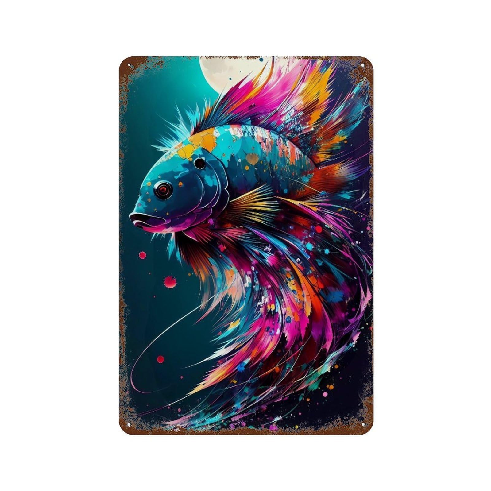 Colorful Betta Fish Art Print Retro Metal Sign 11.8"x7.9", Novelty Wall Decor for Farmhouse, Kitchen And Entryway Decor