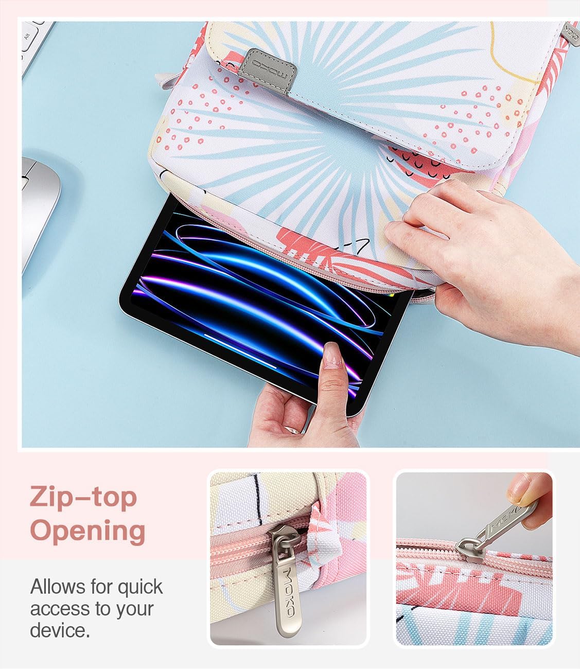 MoKo 9-11 Inch Tablet Sleeve Bag Handle Carrying Case with Shoulder Strap Fits iPad Pro/Air/A16 11 inch,iPad 10th 10.9,i-Pad 9/8/7th 10.2,iPadAir 5/4th 10.9,i-Pad 9.7,Tab S8/S9 11", Tropical Leaf - Image 6