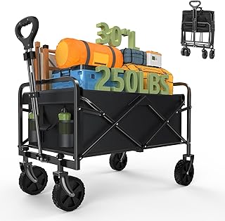SMUG Collapsible Wagon Cart Foldable, 30" L Folding Beach Wagon with All-Terrain Wheels, Shopping Cart with 250lbs Capacity, Portable Camping Wagons Carts for Grocery Garden and Sports, Black