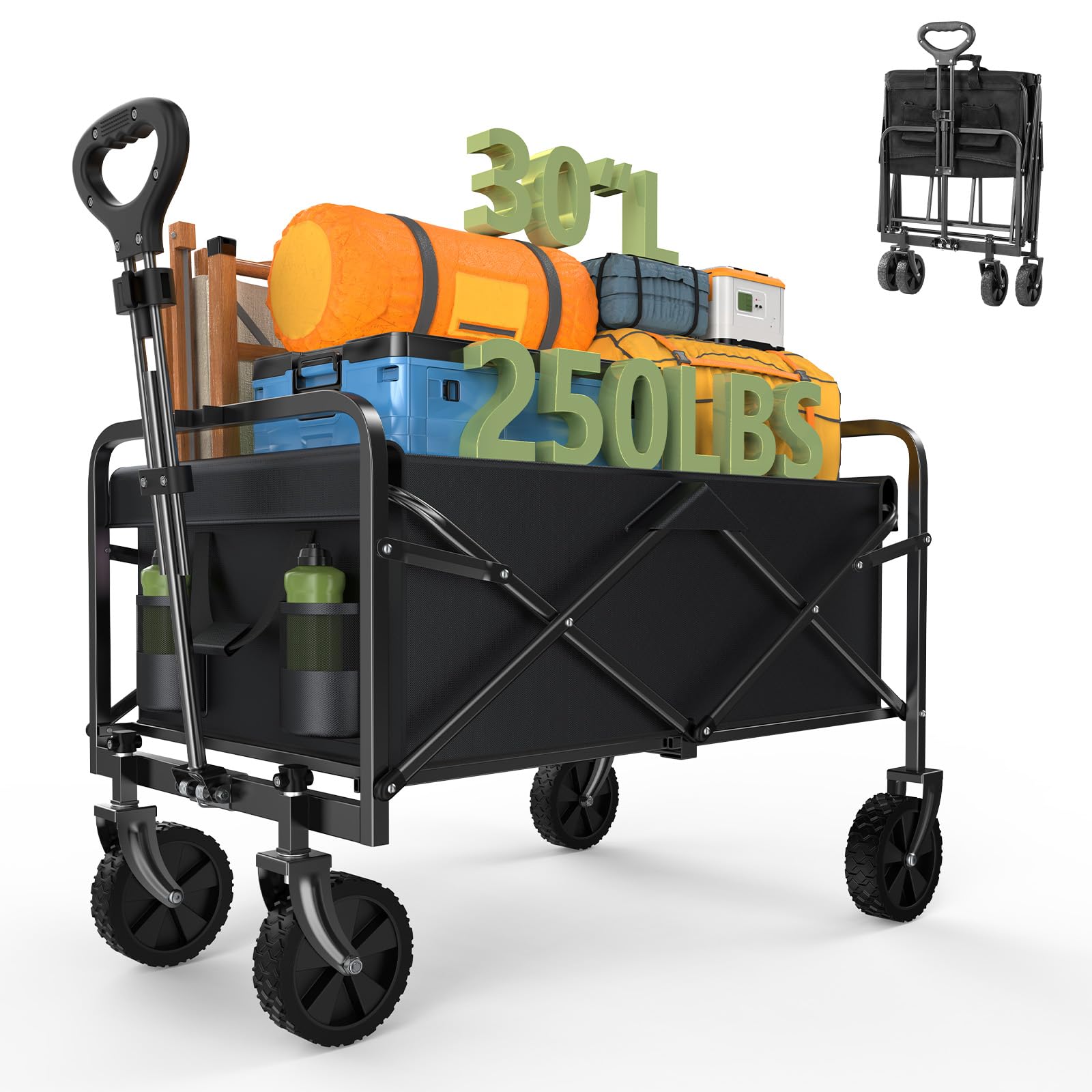 SMUG Collapsible Wagon Cart Foldable, 30" L Folding Beach Wagon with All-Terrain Wheels, Shopping Cart with 250lbs Capacity, Portable Camping Wagons Carts for Grocery Garden and Sports, Black