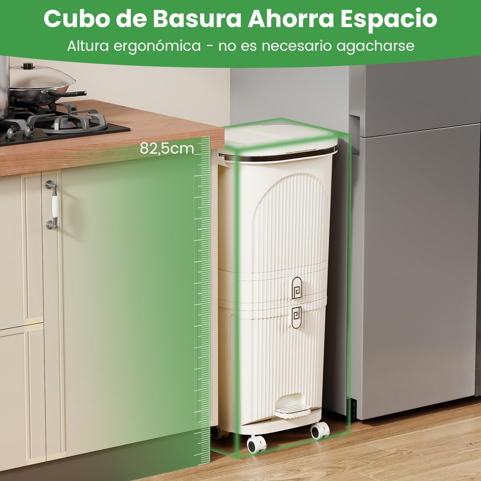 COSTWAY Cubo de Basura Cocina Reciclaje de 42L, Papelera de Reciclaje con 4 Compartimentos, 2 Cubos Extraíbles, Cajón, Pedal y Ruedas, Contenedor de Residuos para Cocina, 43 x 29 x 82.5 cm (Beige)